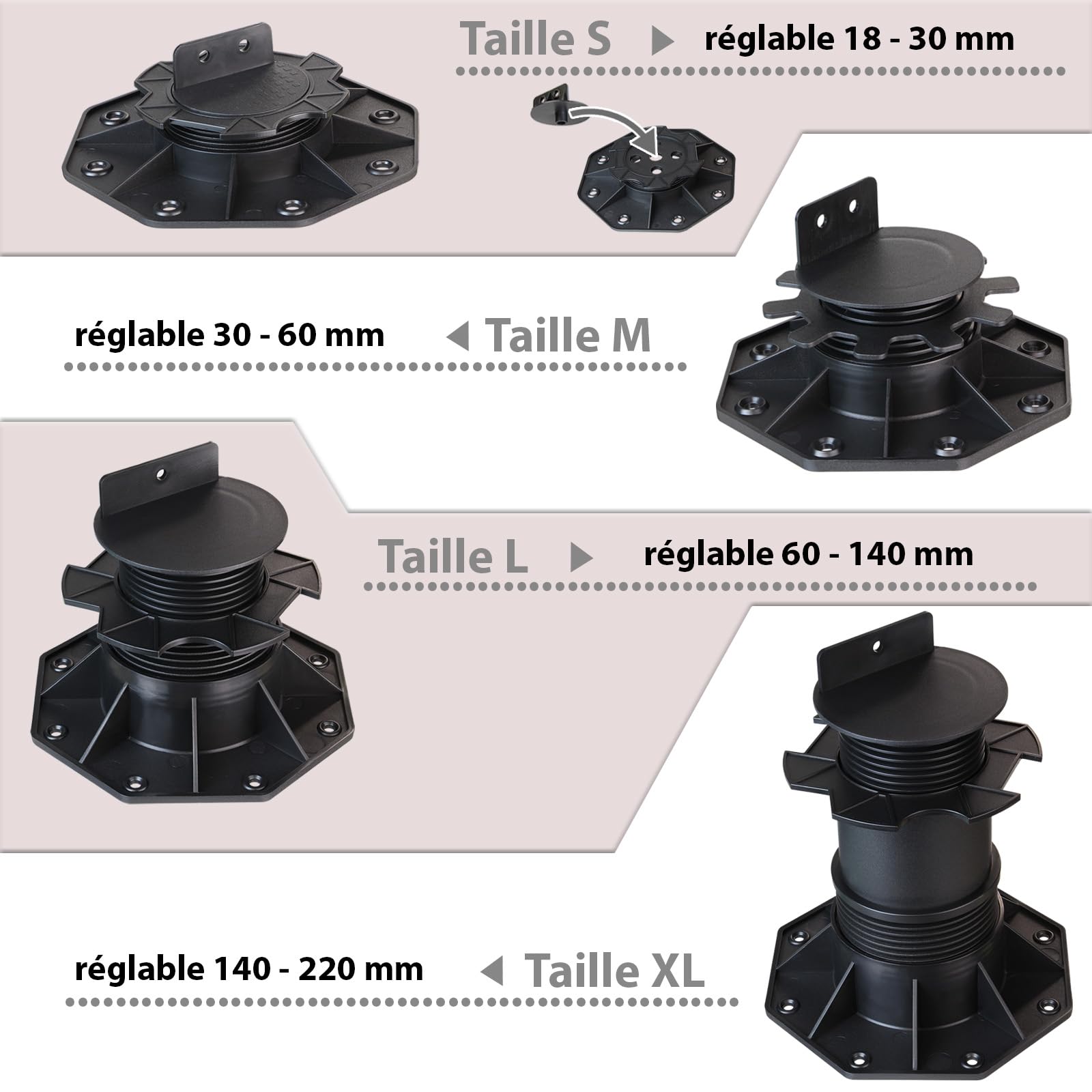 Montafox 10 x Plot Réglable 18-220 mm Support Terrasse WPC Bois Pieds