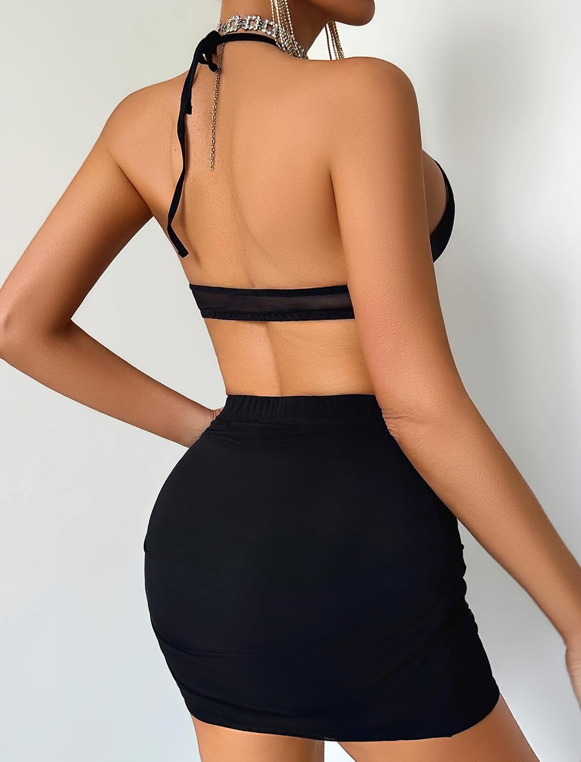 Avidlove Women's Skirt Set Two Piece Outfits Halter V Neck Cami Mesh Tops and Skirt Summer Set