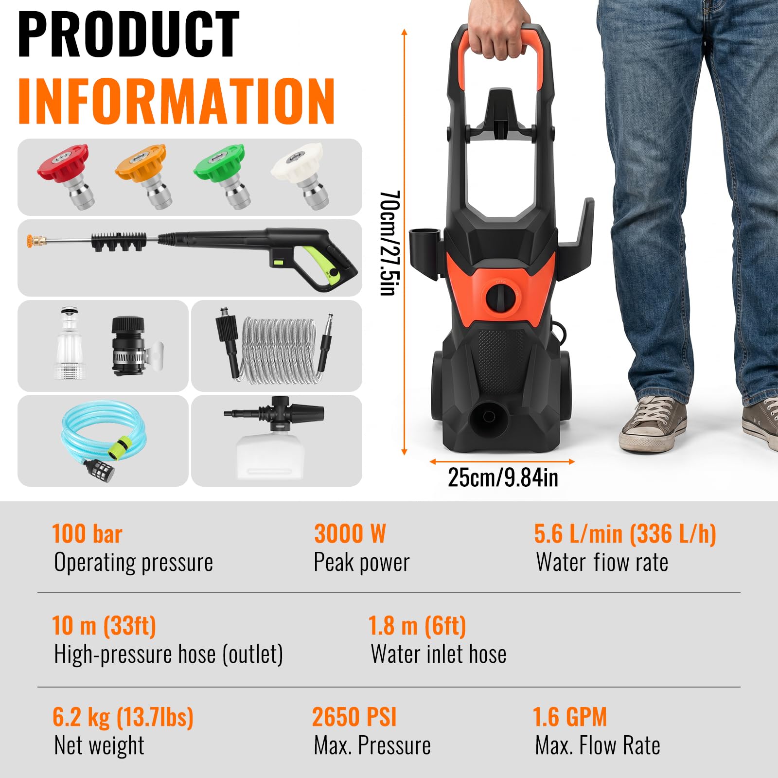 Nettoyeurs Haute-Pression 1800W avec Tuyau 10M, Débit 5.6l/Min