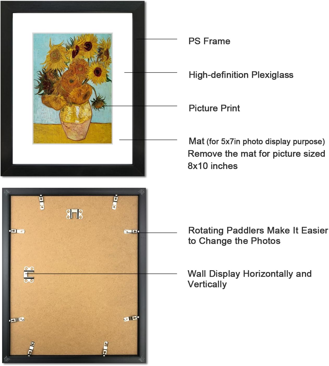 8x10 Picture Frame Set of 6 with HD plexiglass cover for Pictures 5x7 with Mat or 8x10 Without Mat, Wall Gallery Photo Frames in Black
