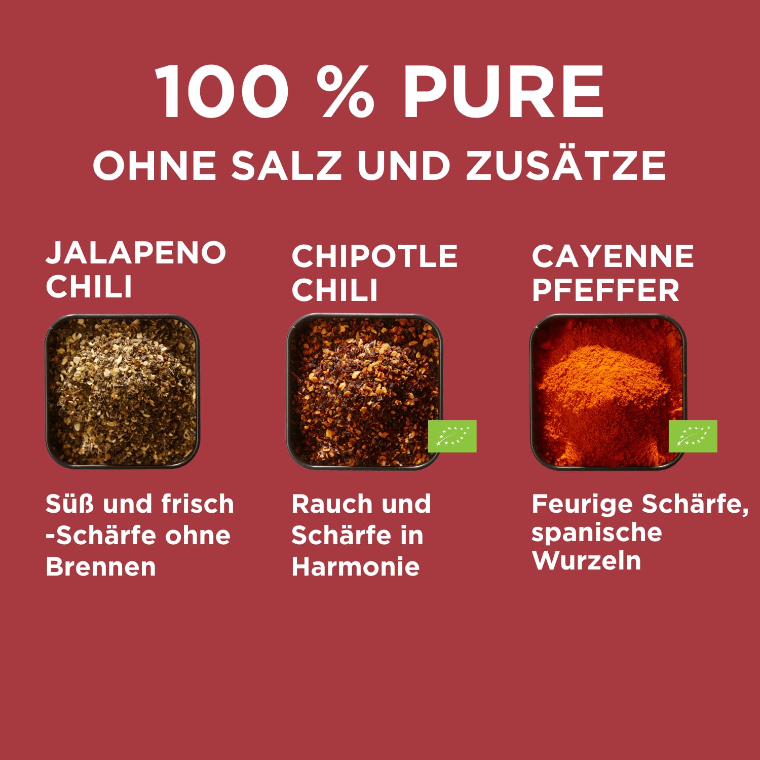 Mill & Mortar Chili Gewürze Geschenkset, Jalapeño, Chipotle & Cayenne | 3 Chili-Sorten ohne Salz & Zusätze, für BBQ, Tacos & Eintöpfe, Geschenke für Männer