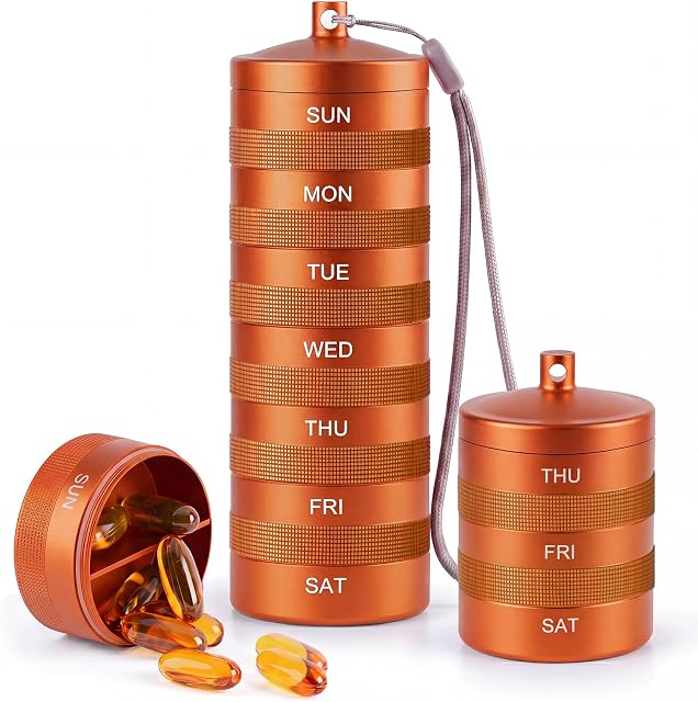 Organisateur de pilules métalliques, conteneur de pilule en alliage d'aluminium, BPA Gratuit 2 Organisateur quotidien de médicaments pour la vitamine, huile de poisson, supplément(Orange)