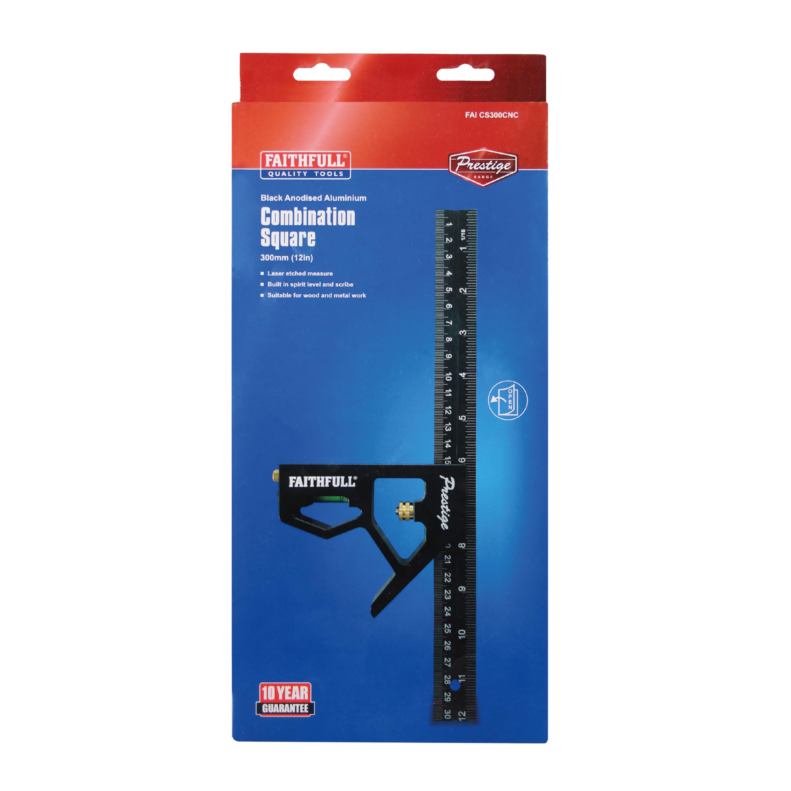 Équerre combinée Faithfull Prestige en aluminium noir 300 mm (12 po) – Outil multifonction de mesure et de traçage avec niveau à bulle et pointe à tracer pour le travail du bois et du métal