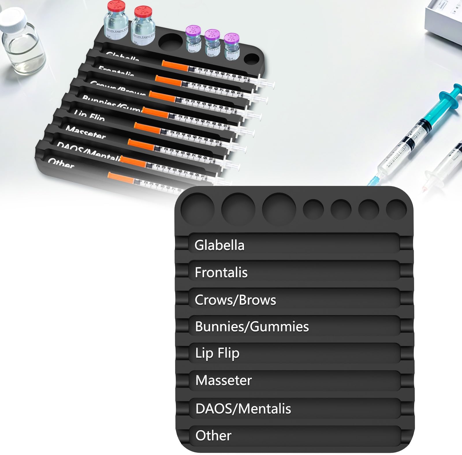 Aesthetic Practitioner Syringe Tray with 8 Slots Label, Vial Holder/Syringe Tray Combination for Aestheticians and Nurses, Syringe Storage Tray Organizer