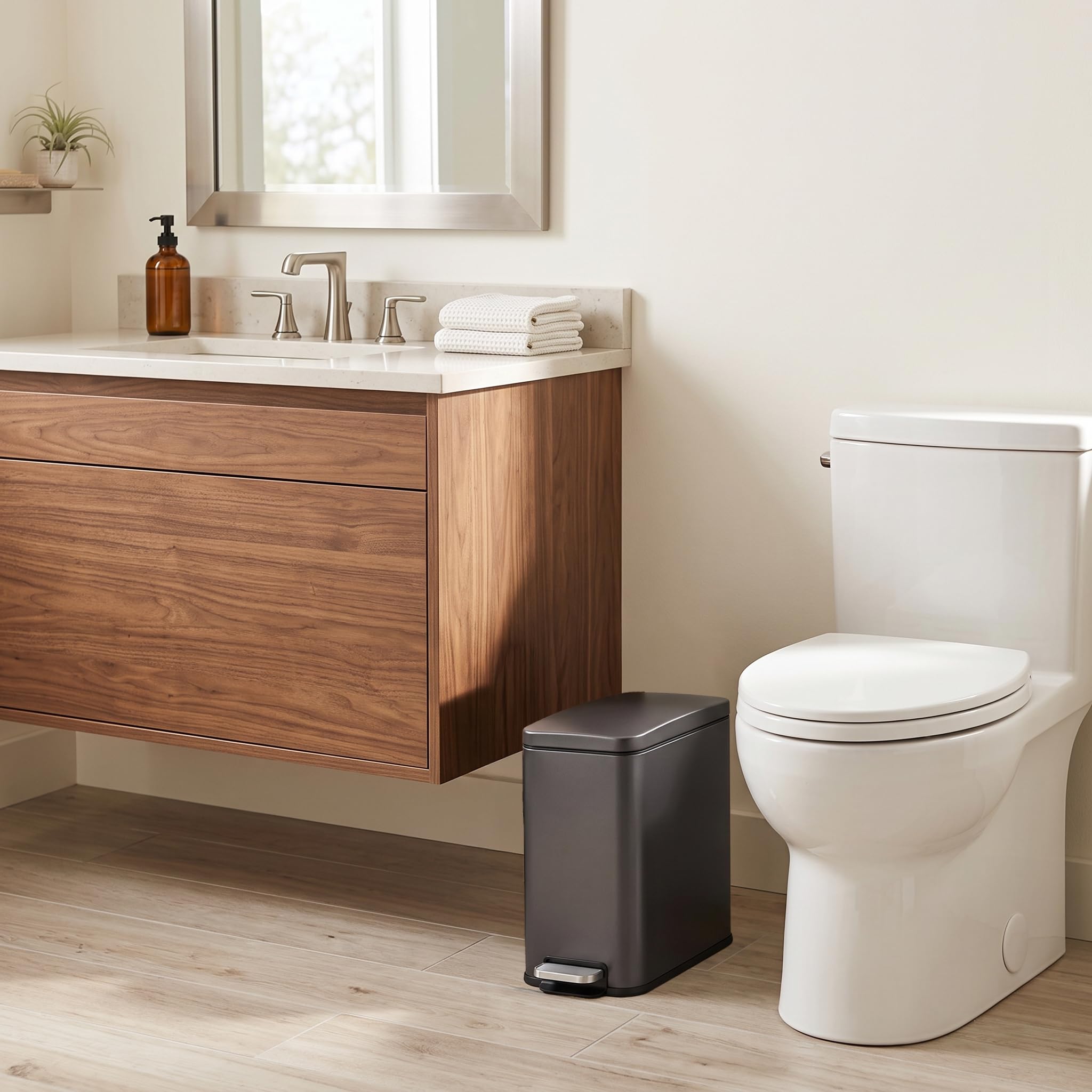 iTouchless SoftStep Poubelle de salle de bain SoftStep de 11,4 litres avec couvercle et filtre à odeurs AbsorbX – Corbeille fine en acier inoxydable gris avec seau intérieur amovible pour les petits