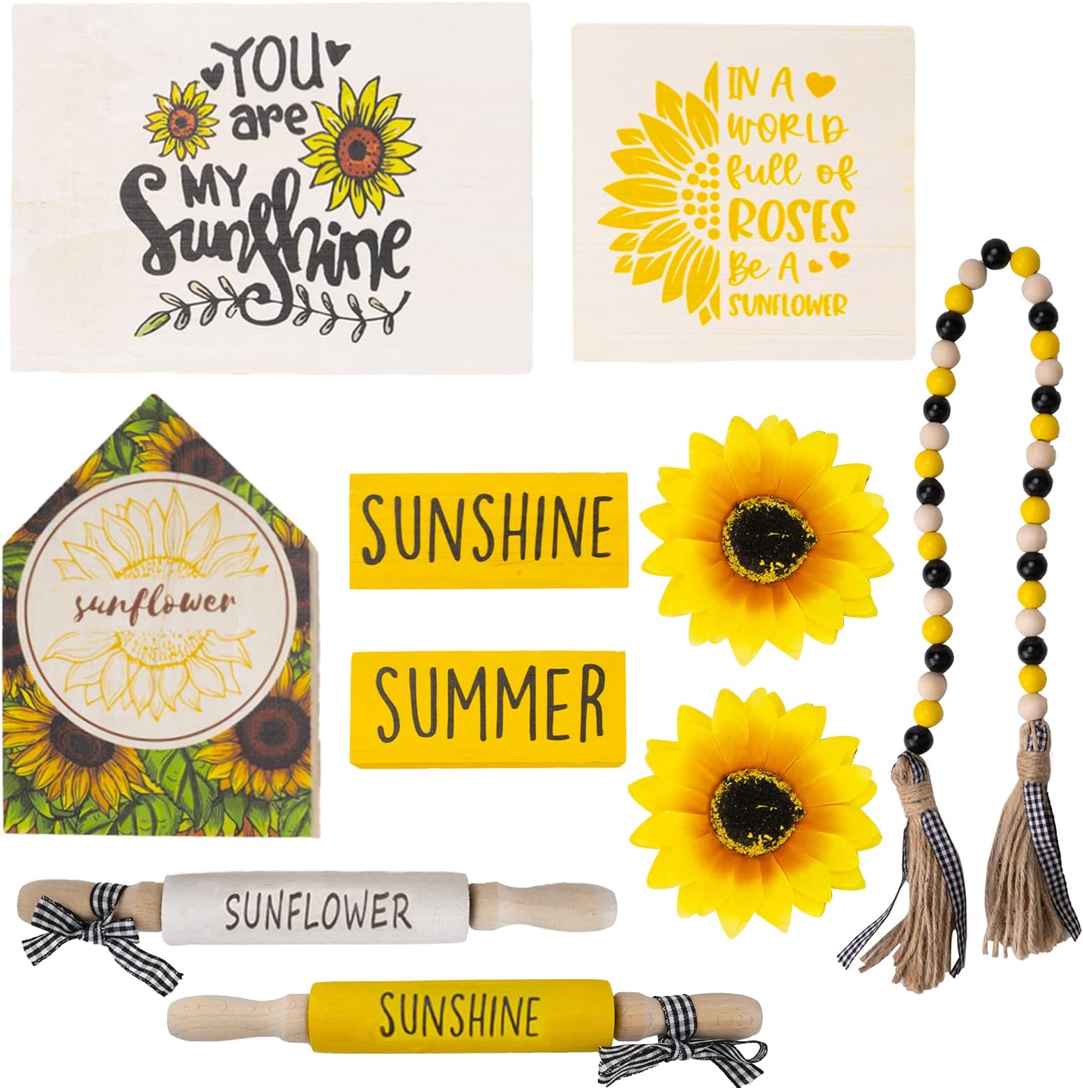 10 PCS Sunflower Tiered Tray Decor,Sunflower Farmhouse,Sunflower Tray,Sunflower Mini Rolling Pins,Faux Sunflower Flower,Sunflower Beaded Garland,You are My Sunshine Tiered Tray Decor,Home Decor Gift