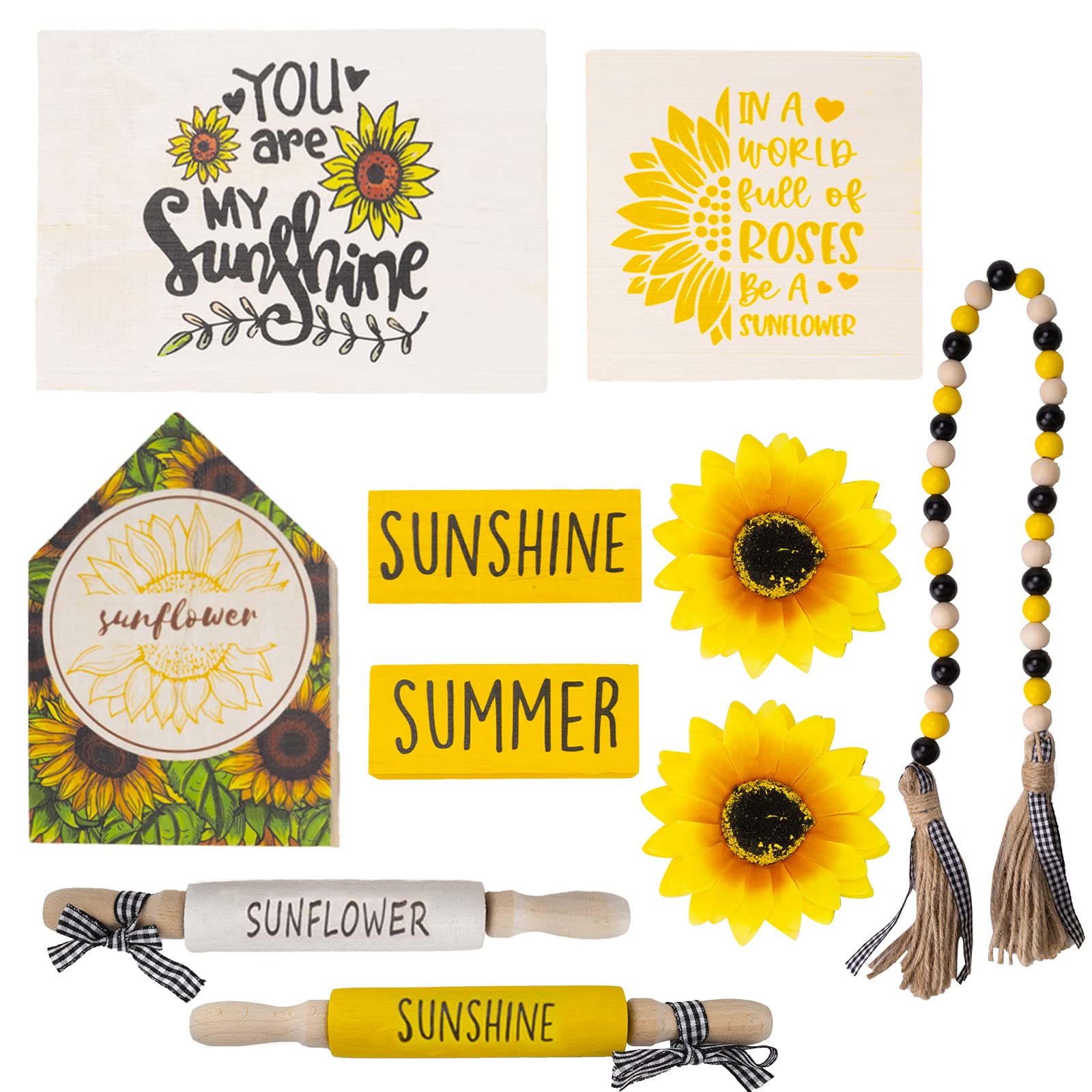 10 PCS Sunflower Tiered Tray Decor,Sunflower Farmhouse,Sunflower Tray,Sunflower Mini Rolling Pins,Faux Sunflower Flower,Sunflower Beaded Garland,You are My Sunshine Tiered Tray Decor,Home Decor Gift