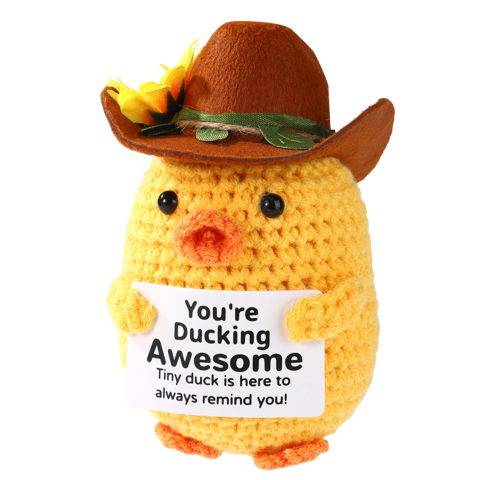 TOYMIS Positive Duck, Cute Emotional Handmade Crochet Duck with Cowboy Hat Inspirational Support Knitted Animal Doll with Cheer Up Card for Employee Student Desk Decoration