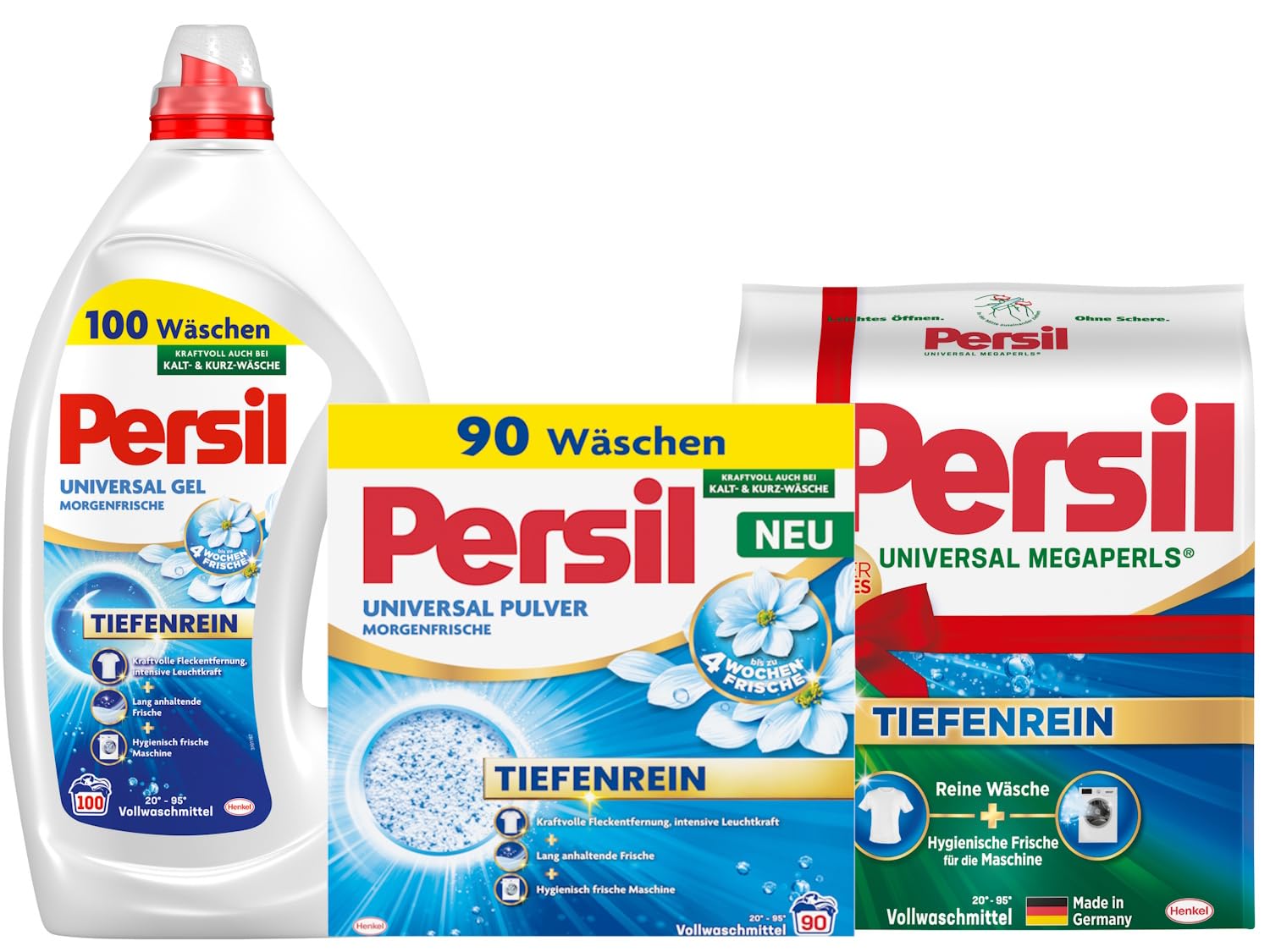 PERSIL Universal Pulver Morgenfrische 90 WL 4,95 kg + PERSIL Universal Kraft-Gel Morgenfrische 100 WL 4,5 L + Megaperls Universal 16 WL 1,04 kg – Waschmittel Set für extra frische & saubere Wäsche