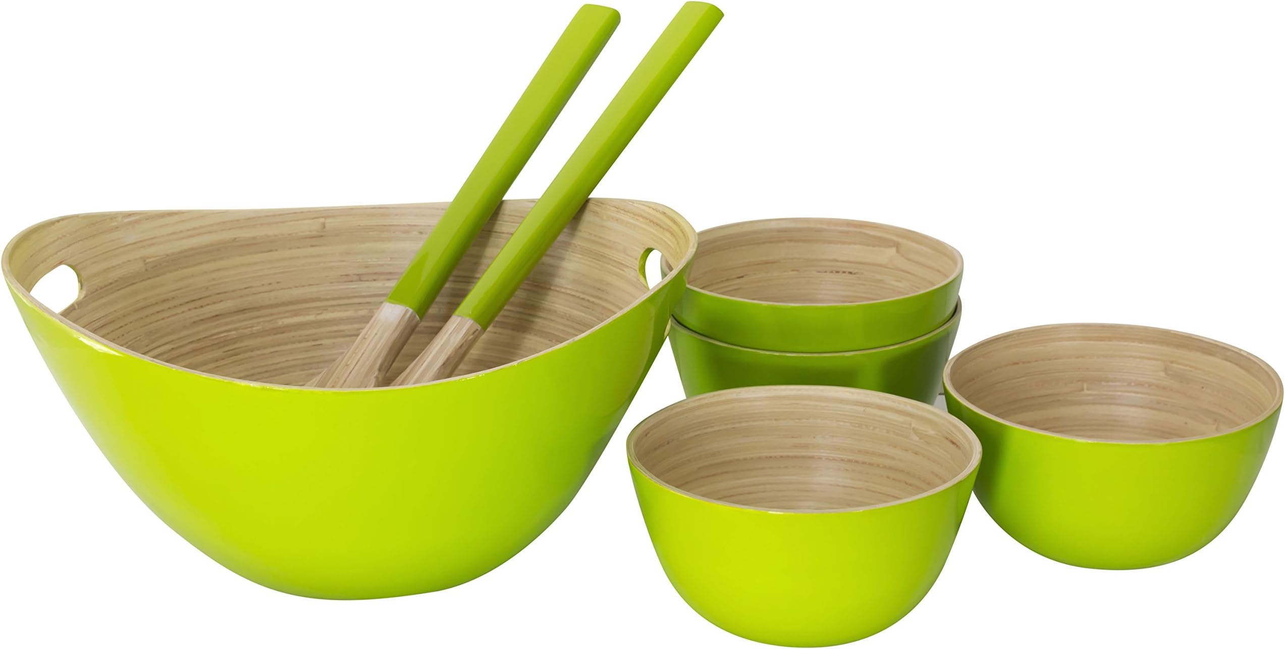 Bamboo Salad Server Set, Large Salad Bowl, 4 Serving Bowls, Tongs (Green)