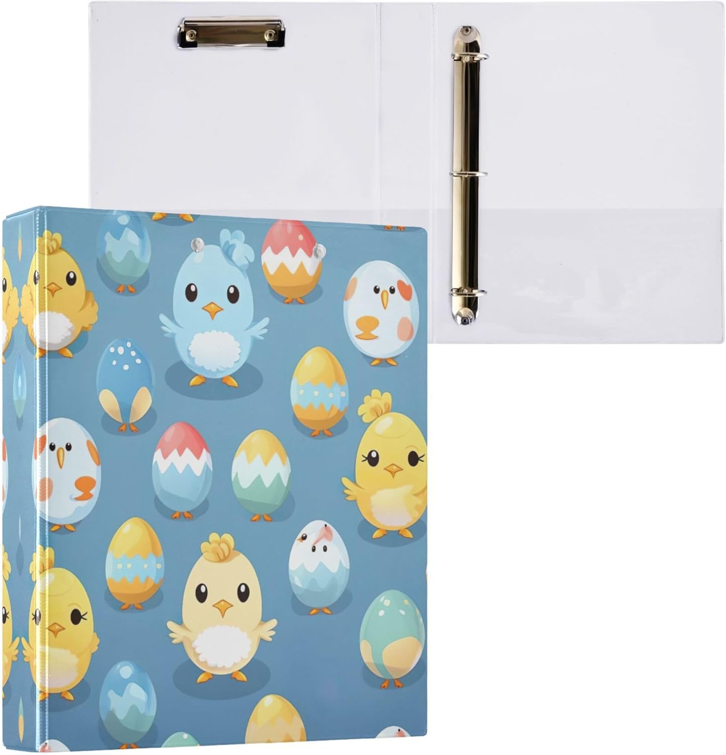Easter Cartoon Chicks and Eggs 3 Ring Binders, 1.5” Round Ring Binders with Clipboard - Letter Size, 3 Interior PVC Clear Pockets & Anti-Slip Clip for Office School Supplies, 2PCS