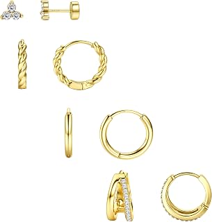 Small Hoop Earrings for Women - Hypoallergenic 14K Gold Plated Surgical Steel Chunky Huggie Earings Stacks Set Dainty Cute Cartilage Flat Back Stud Jewelry Trendy Gift 4 Pairs