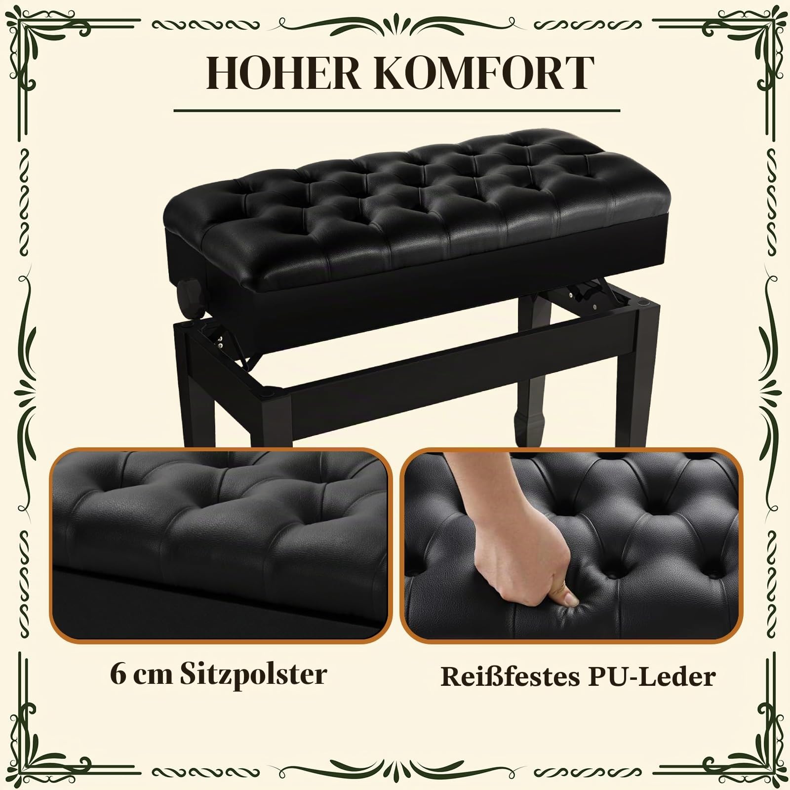 Clevich Doppelte Klavierstuhl höhenverstellbar 50-58 cm, Pianobank mit Stauraum, Klavierbank mit PU Lederkissen, Robuste Klavierhocker aus massivem Holz mit gebogenen Beinen, Bis 200KG, Schwarz