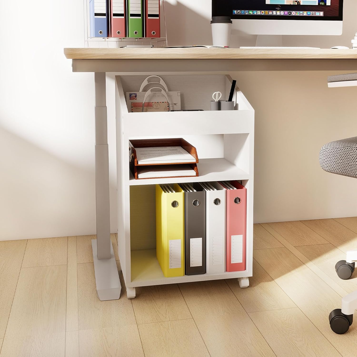 3-Tier Mobile Files Cabinet, Under Desk White Storage Organizer with Wheels for Home Office (White) - Image 5