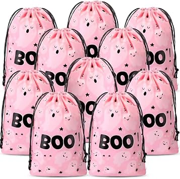 Lzuhoa 50 Pcs Pink Boo Halloween Drawstring Party Gift Bags | Cute Halloween Goodie Bags Boo Ghost Party Favors for Hallowen Party Supplies