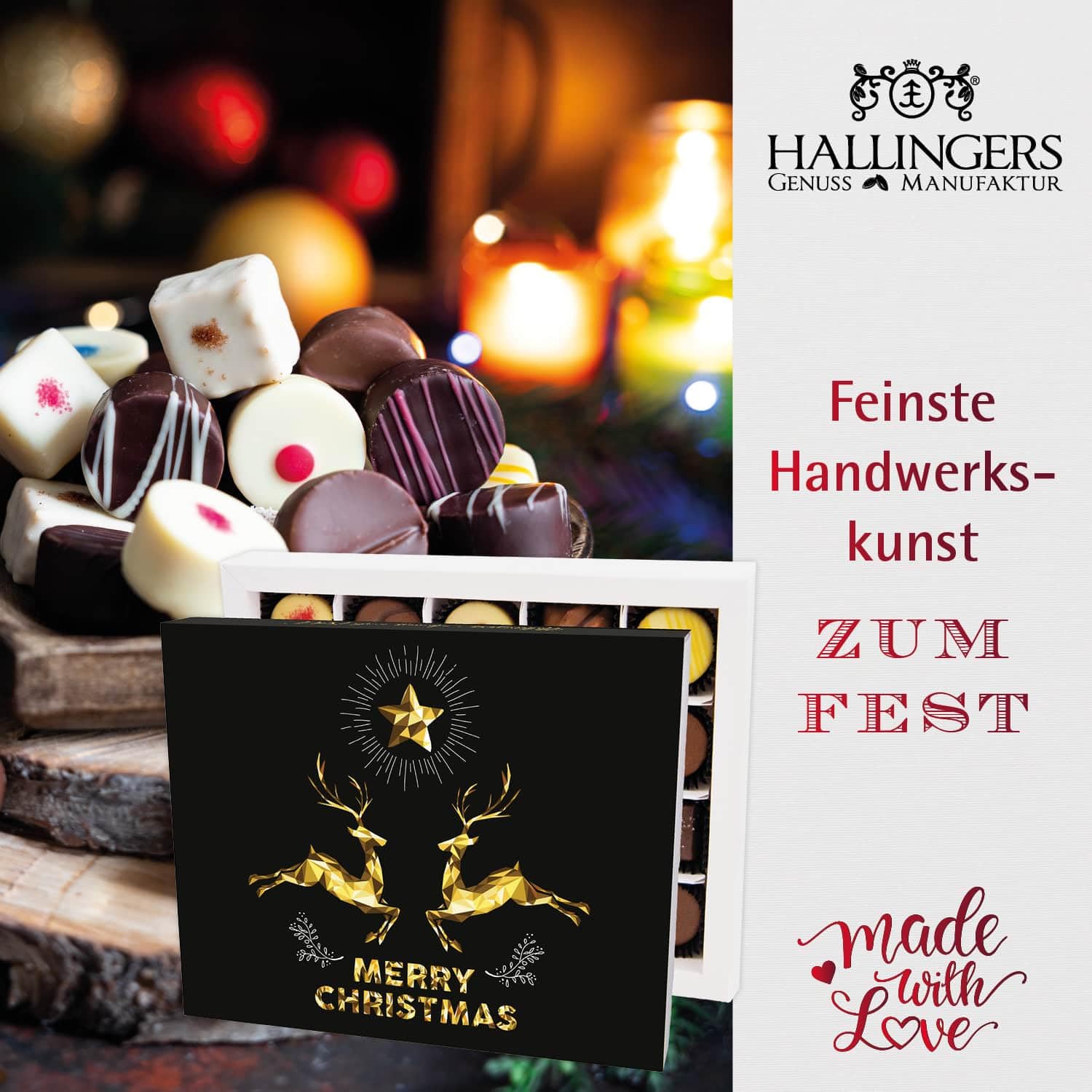 Hallingers Genuss Manufaktur Feinkost Weihnachts-Geschenk-Set - XXL-Geschenkkorb "Merry Christmas" große Selektion Pralinen, Lebkuchen, Gewürz, Nougat, Badezusatz & mehr, Weihnachten für Frauen Männer