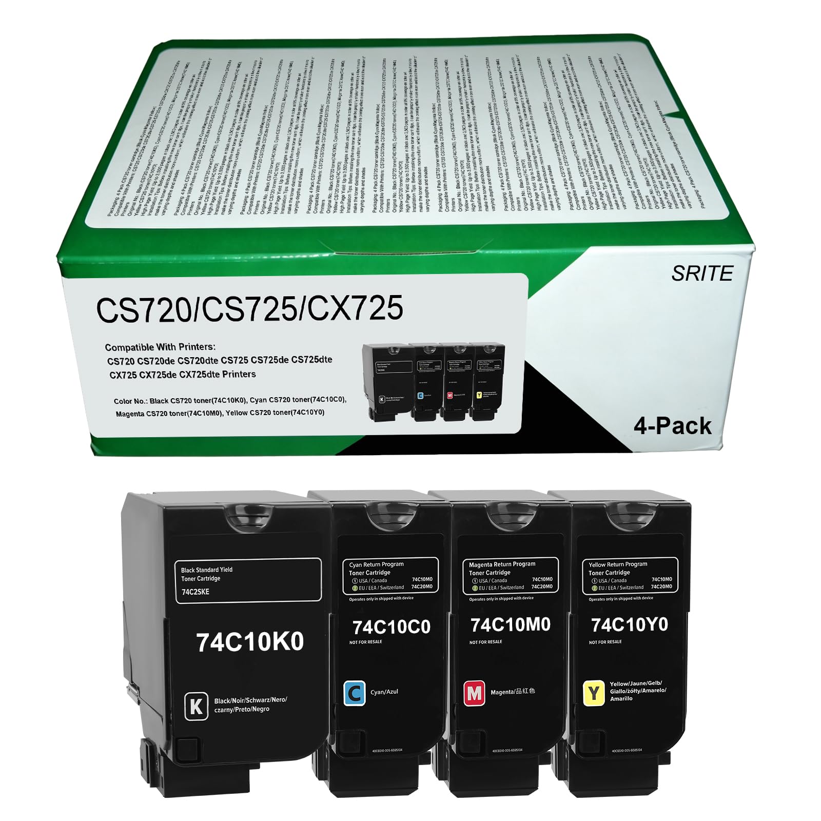 SRITE CS720 CS725 Toner Cartridge 74C10K0 74C10C0 74C10M0 74C10Y0,4-Pack | High Yield Replacement for Lexmark CS720 CS720de CS720dte CS725 CS725de CS725dte CX725 CX725de CX725dte Printer