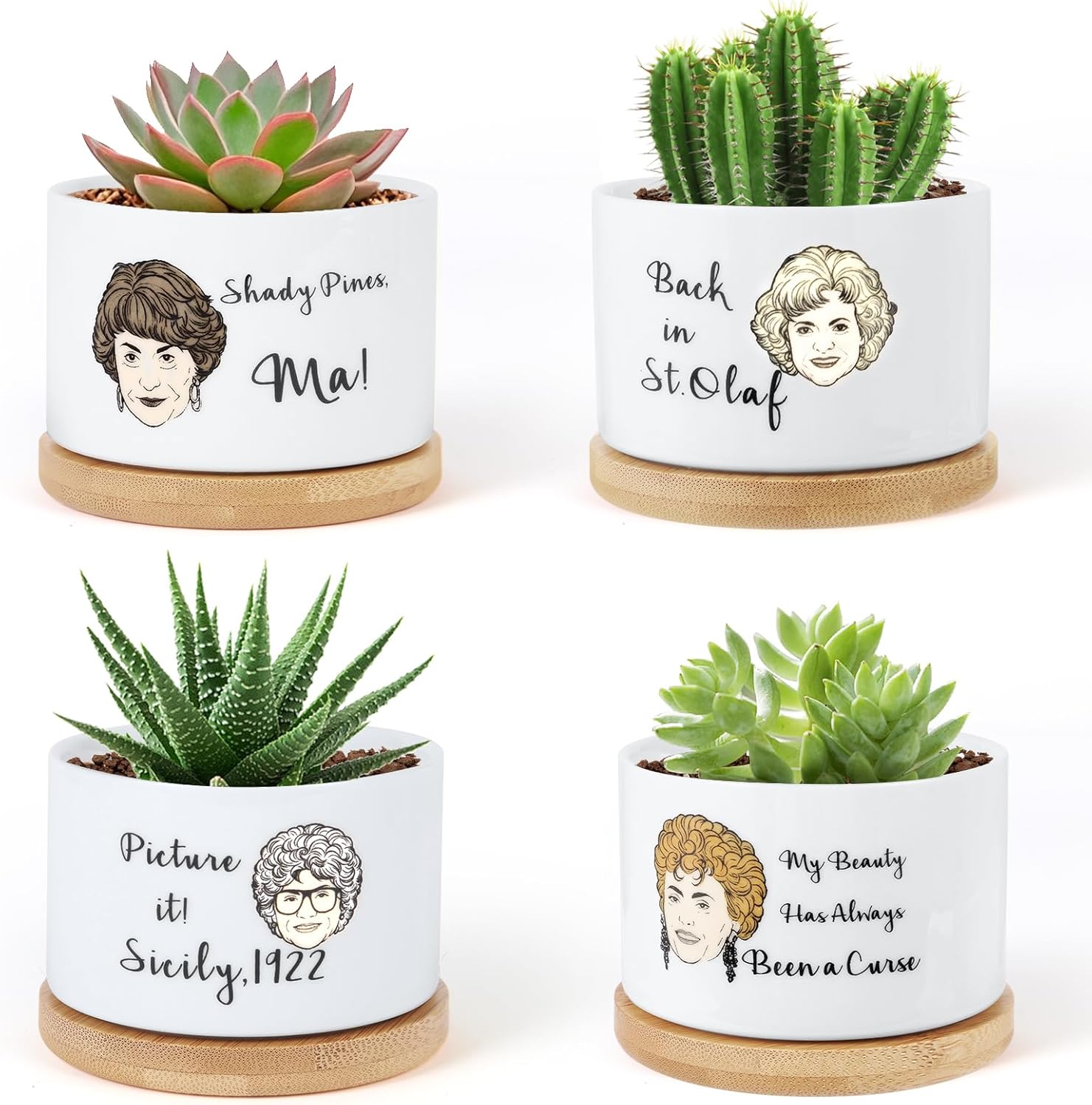 4 Pcs Golden Girls Merchandise Ceramic Plant Pots,Funny Golden Girls Gifts for Women,for House Plants Garden Planters Succulent Pots, with Drainage Holes and Saucer (White)