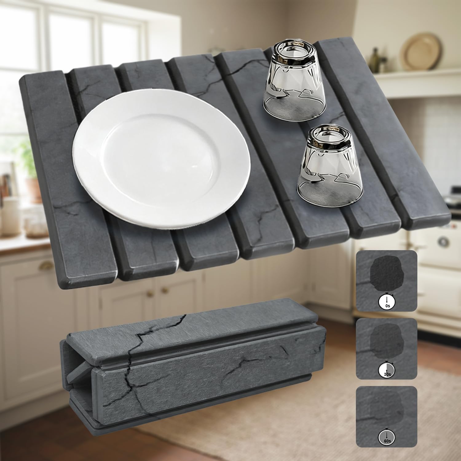 Afdruipmat - servies afdruipmat van diatomeeënaarde, snel absorberend en sneldrogend, opvouwbaar, geschikt voor gebruik in de keuken (donkergrijs, 60×40 cm