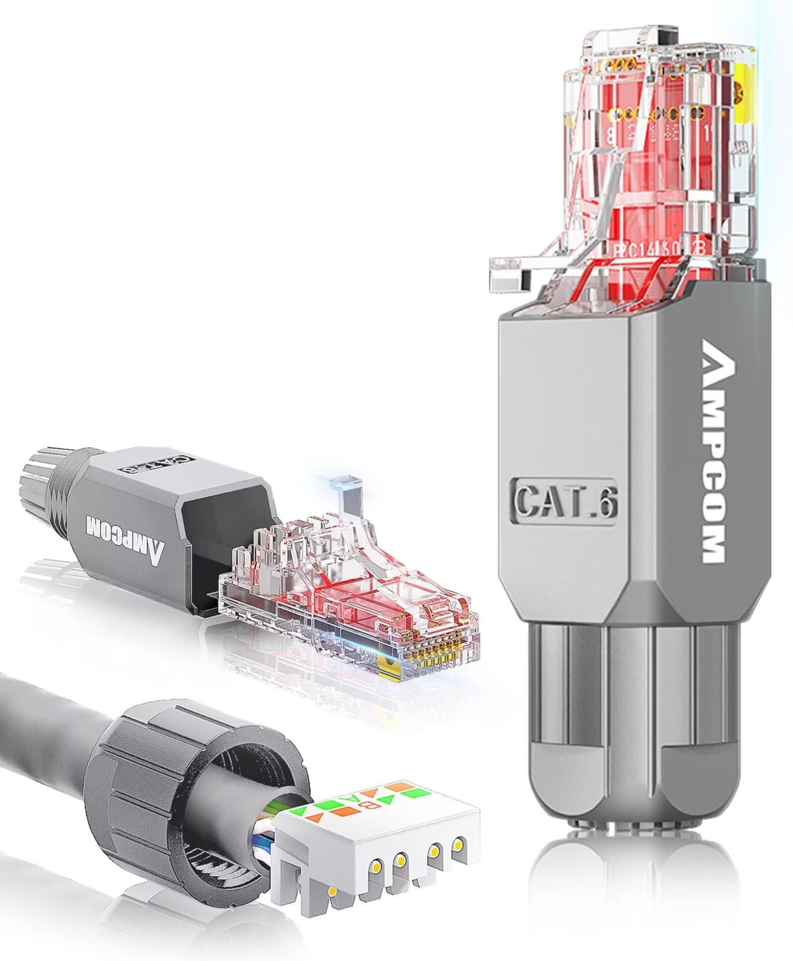 AMPCOM RJ45 Connector（6-Pack） Tool Free Field Termination Modular Plug for Cat6 UTP Ethernet Cable - Gray