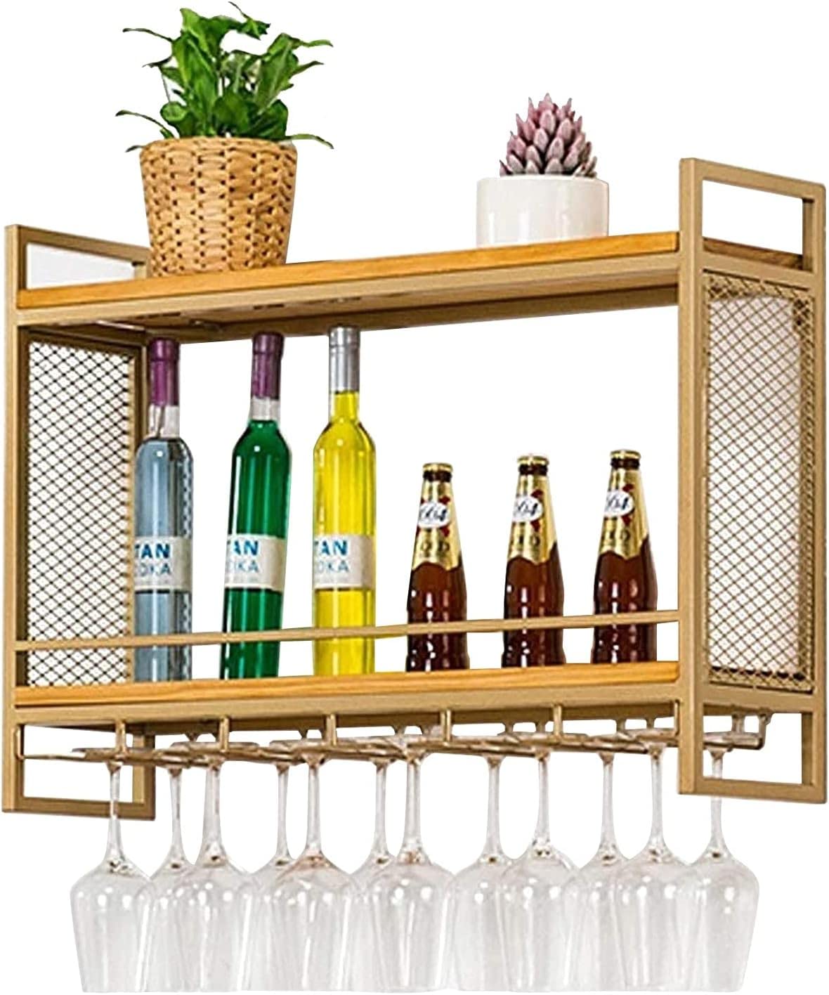 Casier à vin mural doré en métal et bois 60x20x55 cm pour bouteilles et verres à pied