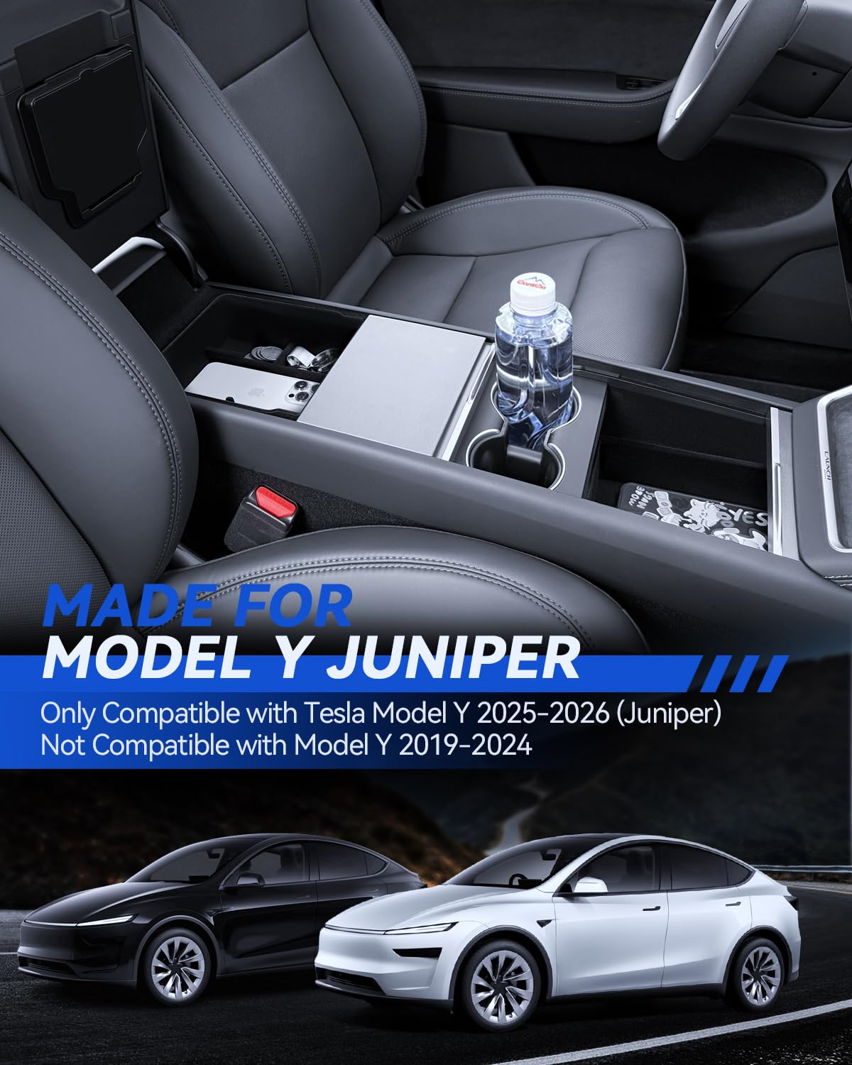 5 Pcs Zubehör für Tesla Model Y 2025-2026 Juniper Mittelkonsole Organizer, Silikon Organizer Tray, Armlehne Aufbewahrungsbox, Versteckte Box und Getränkehalter (Beflockung)