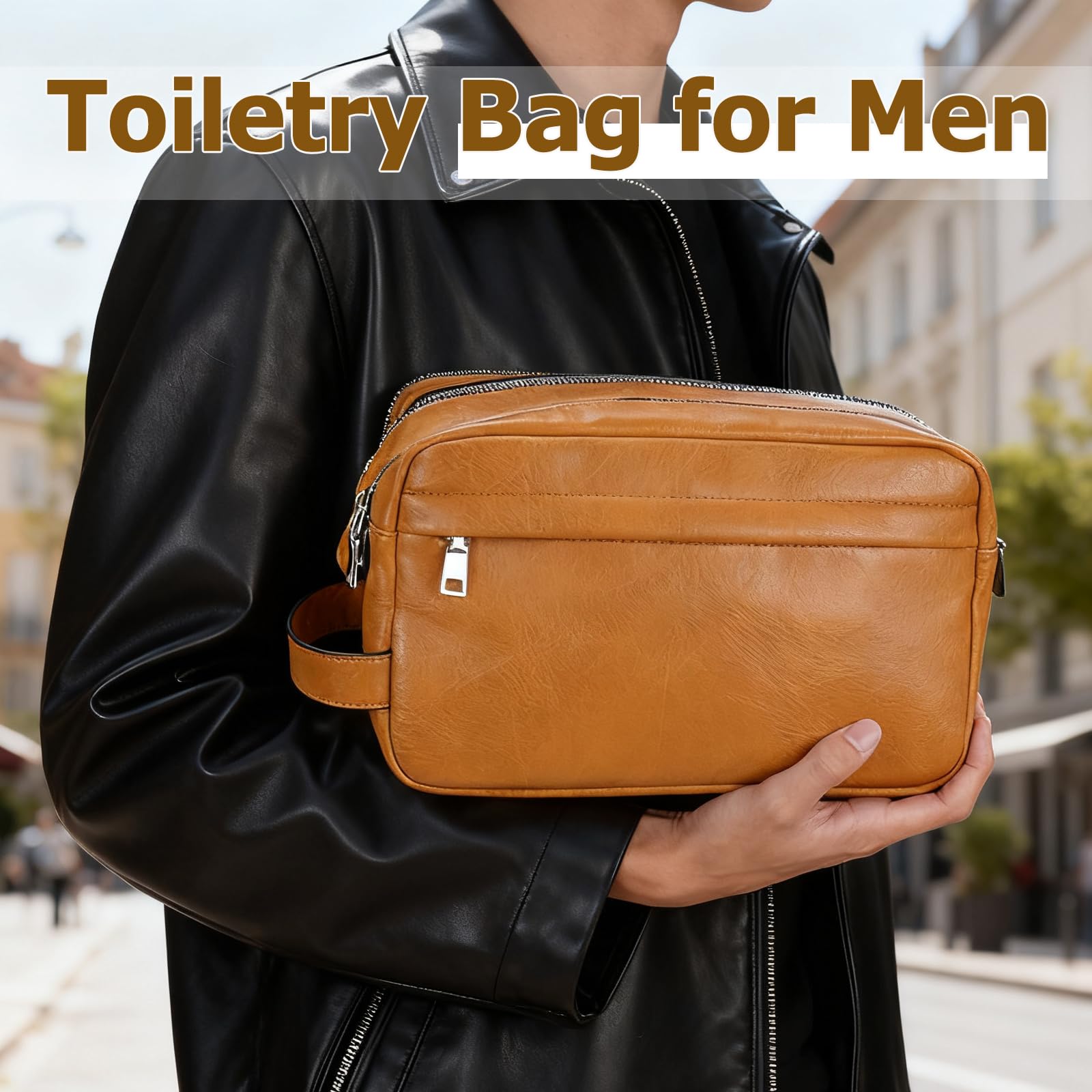 MIRASON Men's PU Leather Toiletry Bag with Dual Zippers
