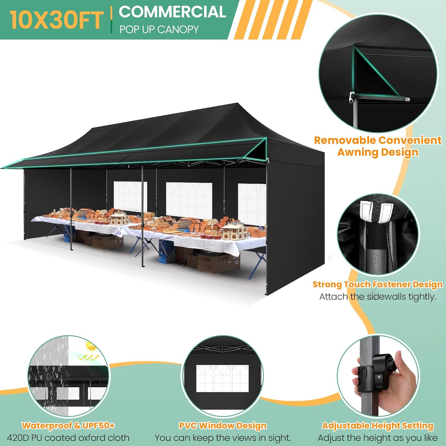 COBIZI 10x30 Pop Up Canopy Tent with Awning & Sidewalls, Heavy Duty Commercial 10X30 Canopy Tents Instant Waterproof, UPF 50+ Sun Shade for Outdoor, Parties, Markets Black