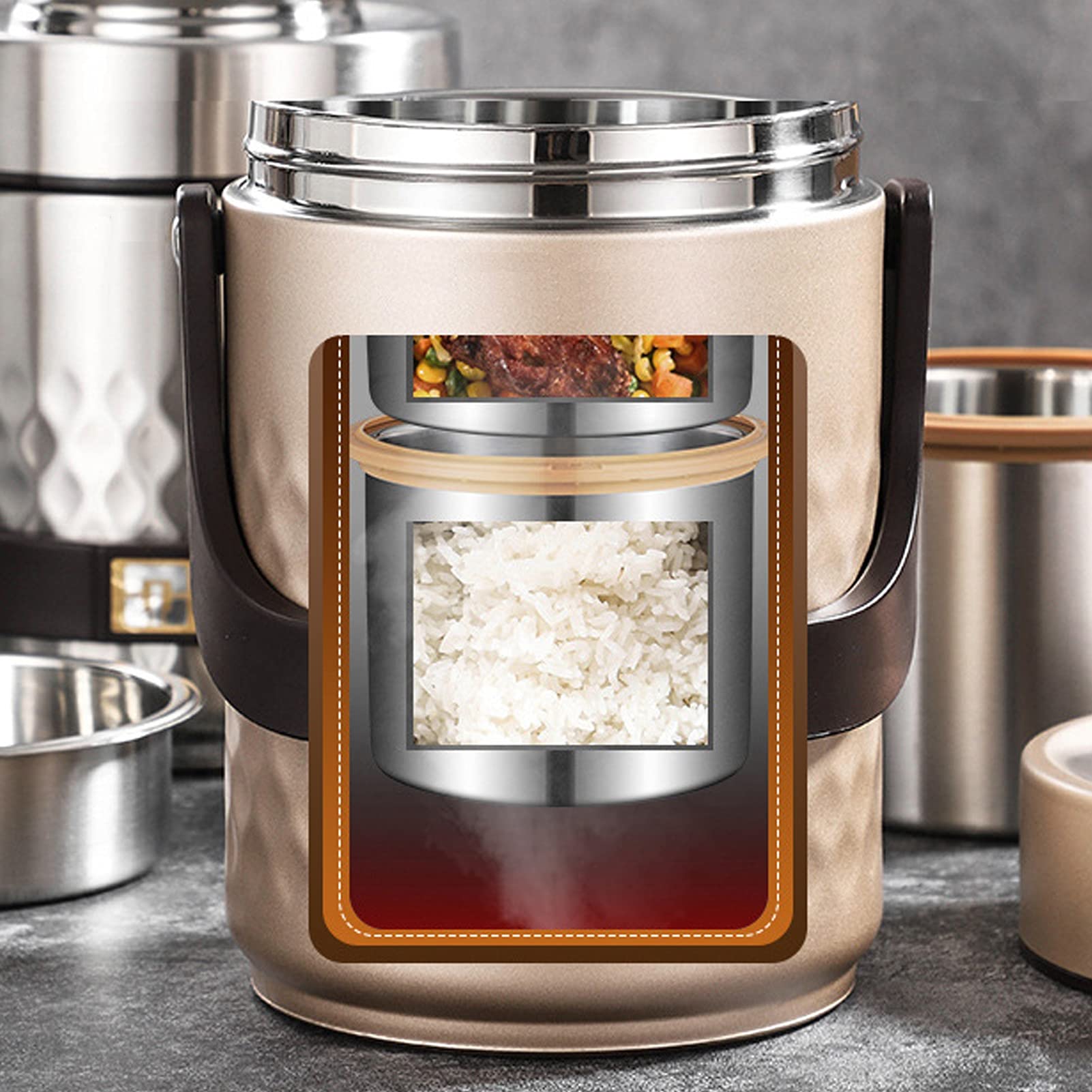 Fiambrera Bento Hermetica,Fiambrera Térmica Apilable de Acero Inoxidable,Frasco Aislante térmico para Alimentos a Prueba de Fugas con 2 Compartimento,Mantiene la Comida Caliente/fría,2L
