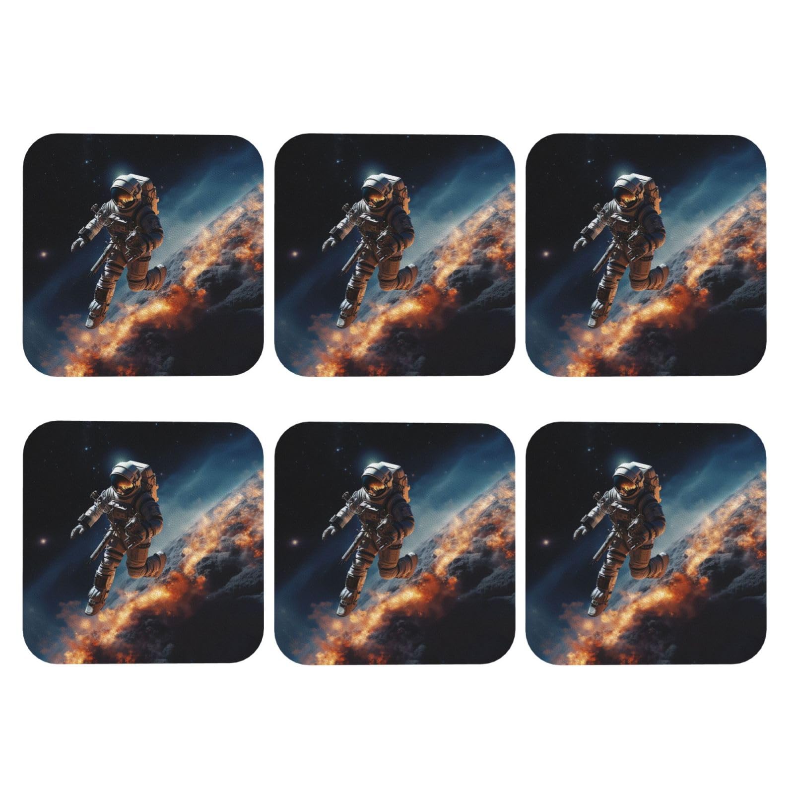 6pcs Leather Coasters for Drinks, Astronaut Flying in Space Drink Coasters for Tabletop Protection, 4" Cup Coasters for Coffee Table Decor, Non-Slip Drinking Cup Mat for Hot Or Cold Drink