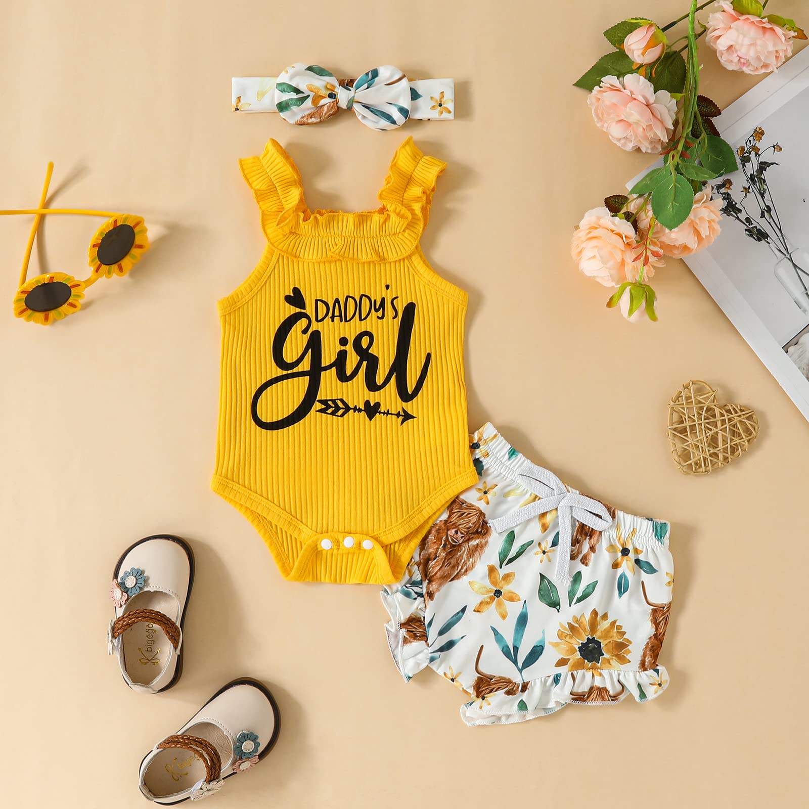 Newborn Baby Girl Summer Clothes Daddys Girl Ruffle Sleeveless Ribbed Knit Romper Tops Shorts Bloomers 3Pcs Outfits (Yellow-Cow Floral, 3-6 Months)