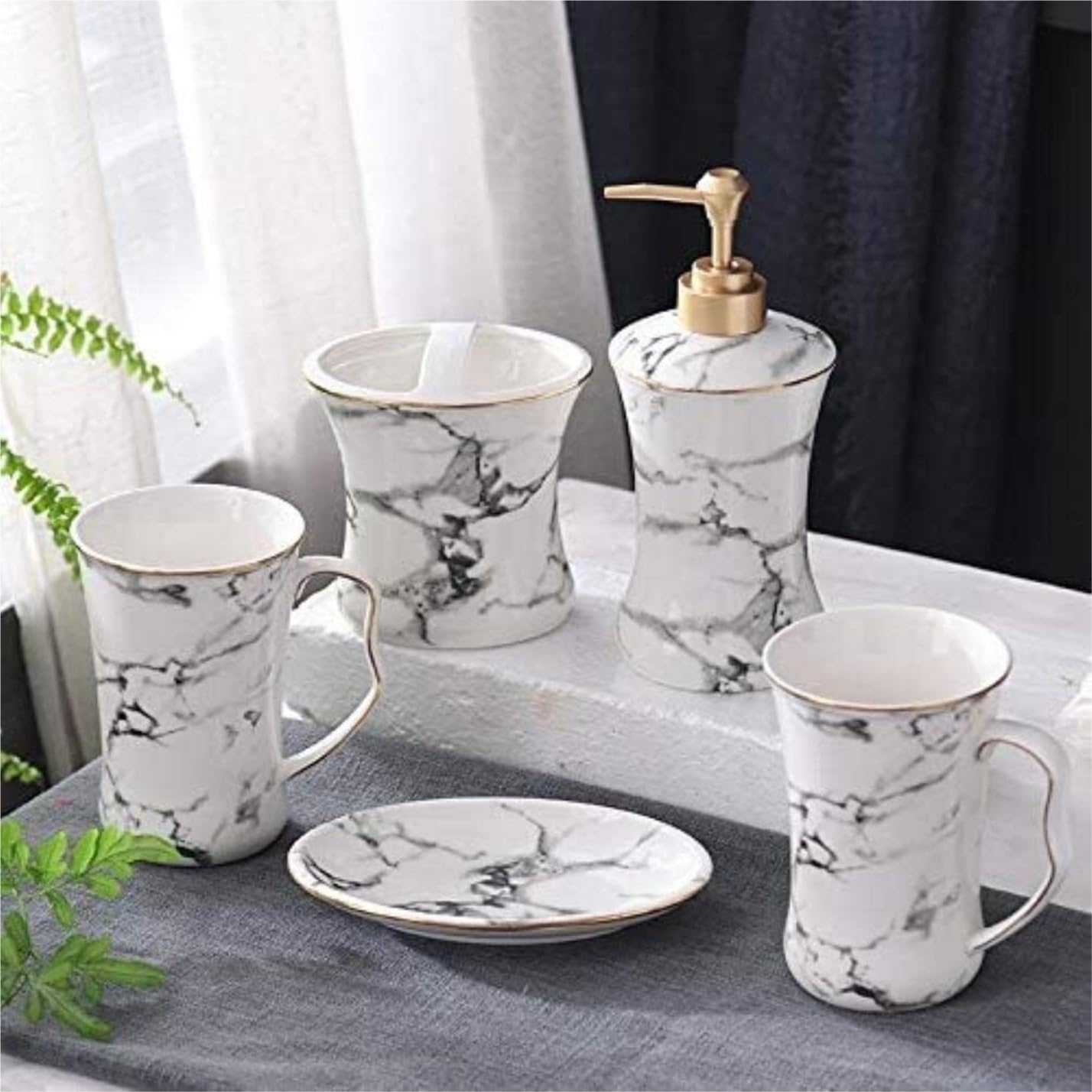 Badezimmer Set Badezimmer-Zubehör-Set Marmormuster Keramik 5-teilig Mit Zahnbürstenhalter Dekoration Organizer