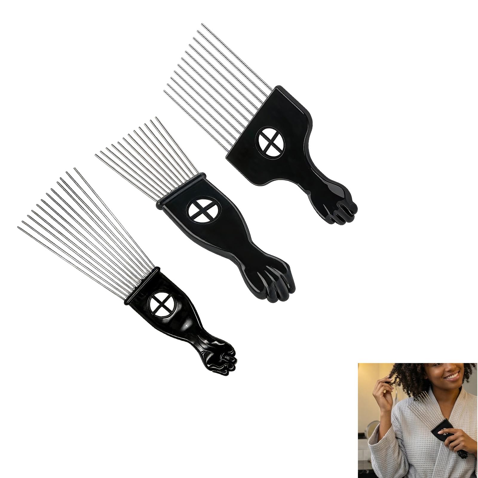 Peine de dientes anchos para cabello rizado y grueso de metal (3 unidades, herramienta de peluquería para hombres y mujeres, con mango de plástico)