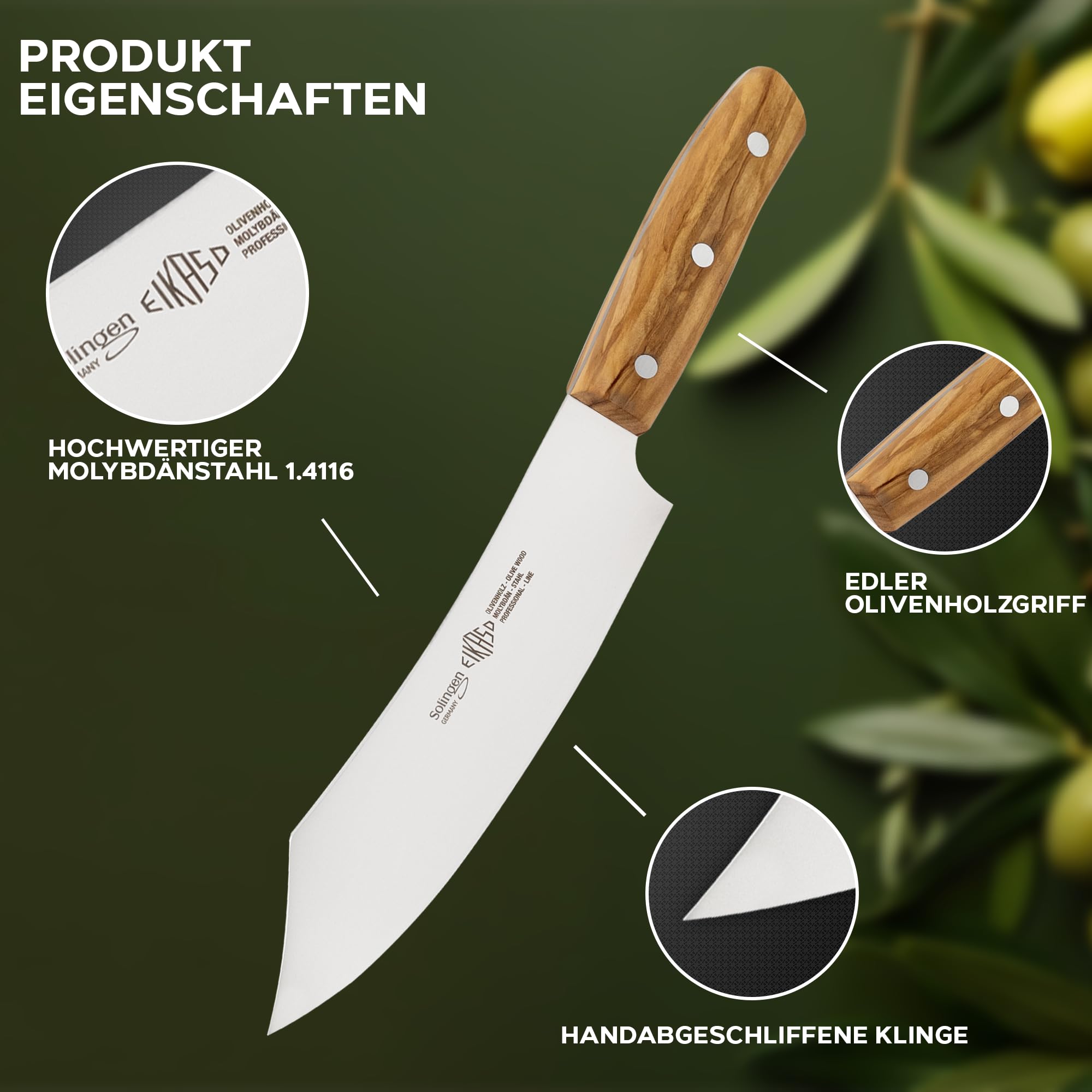 EIKASO Solingen Germany Kochmesser 21cm Klinge Profi Messer - Chefmesser Allzweckmesser mit extra scharfer Klinge aus Molybdänstahl 1.4116 - Küchenmesser Made in Germany