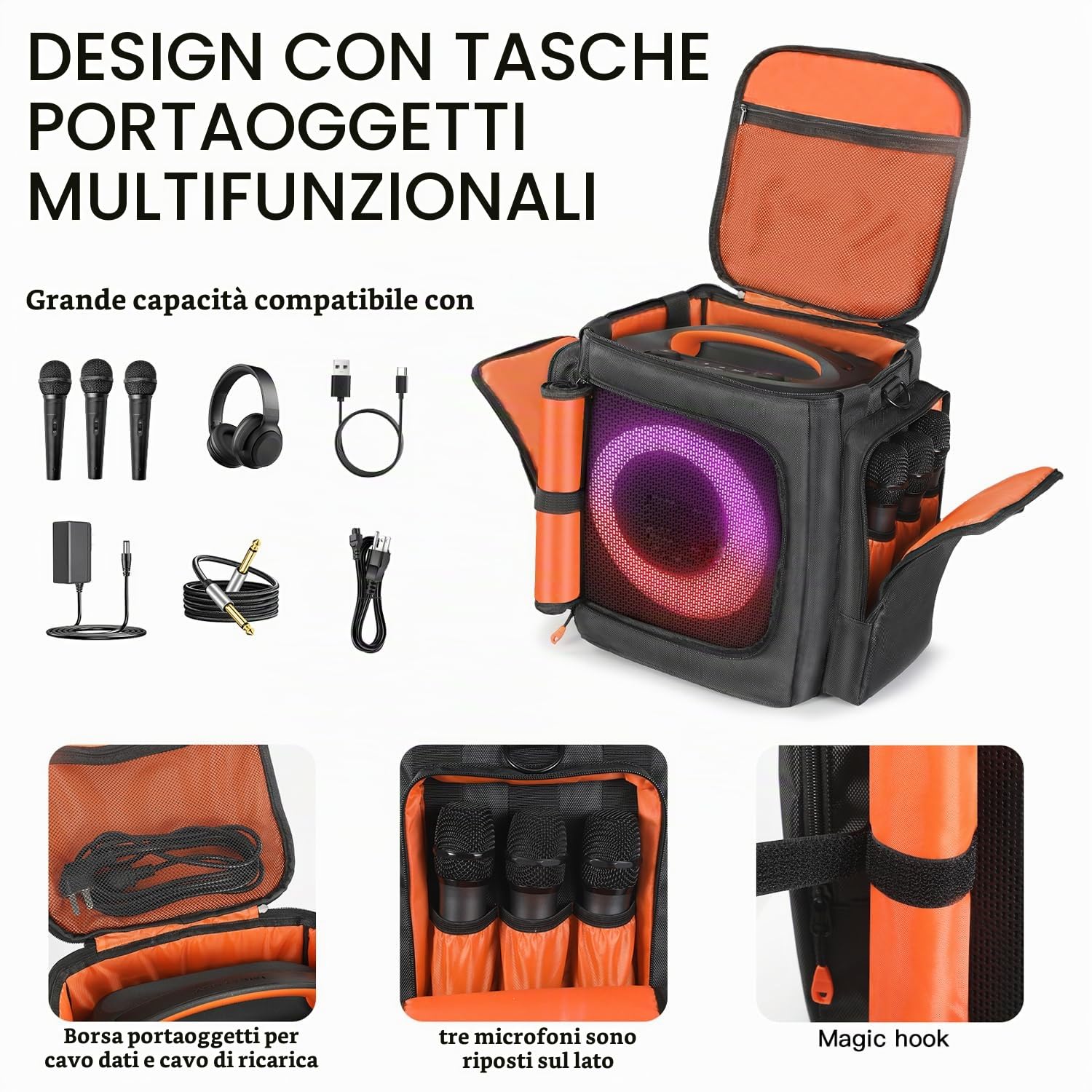 Custodia da viaggio per altoparlanti, compatibile con JBL Partybox Encore Essential/Essential 2, custodia da viaggio con tasche per caricabatterie, accessori per microfono