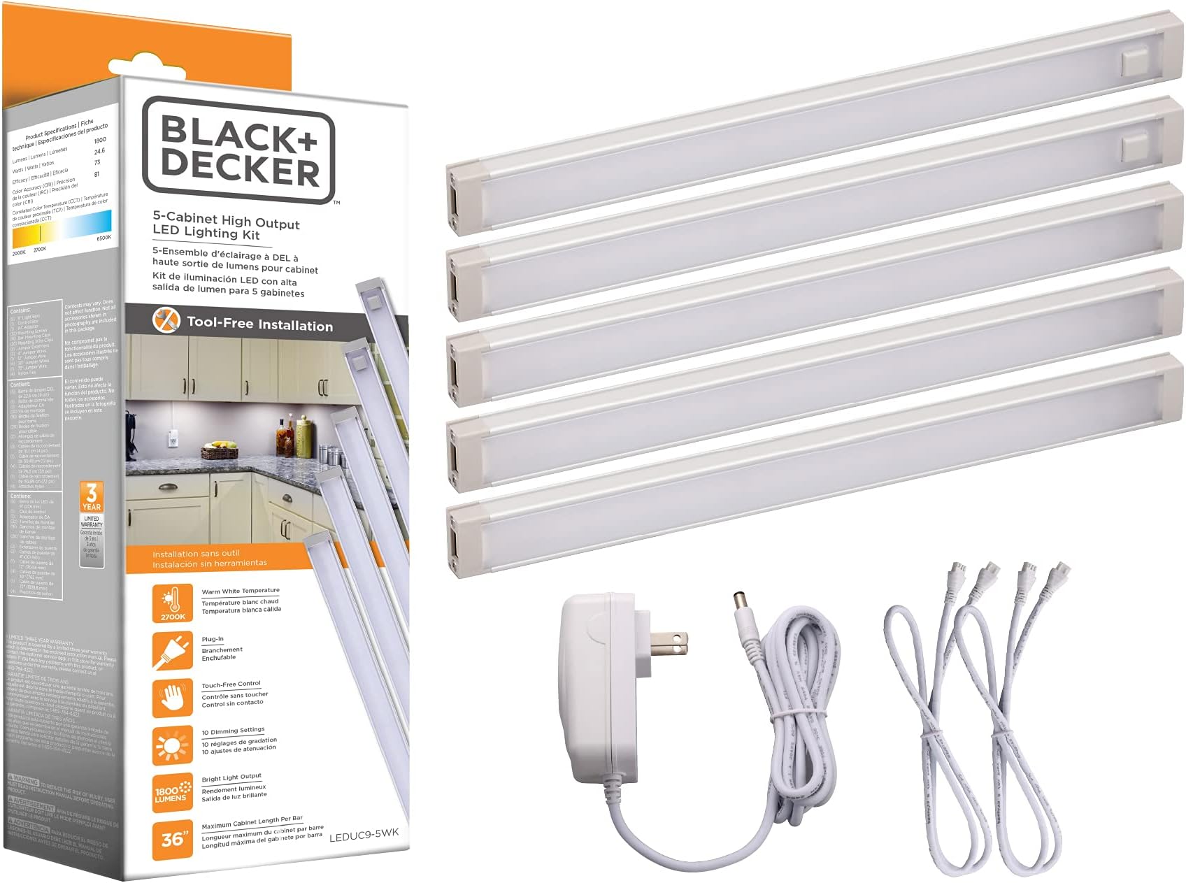 Dimmable Under Cabinet Lighting with Motion Sensor, 24.6W, 1800 Lumens, White 2700K, 5-Bar Kit, 9", Warm