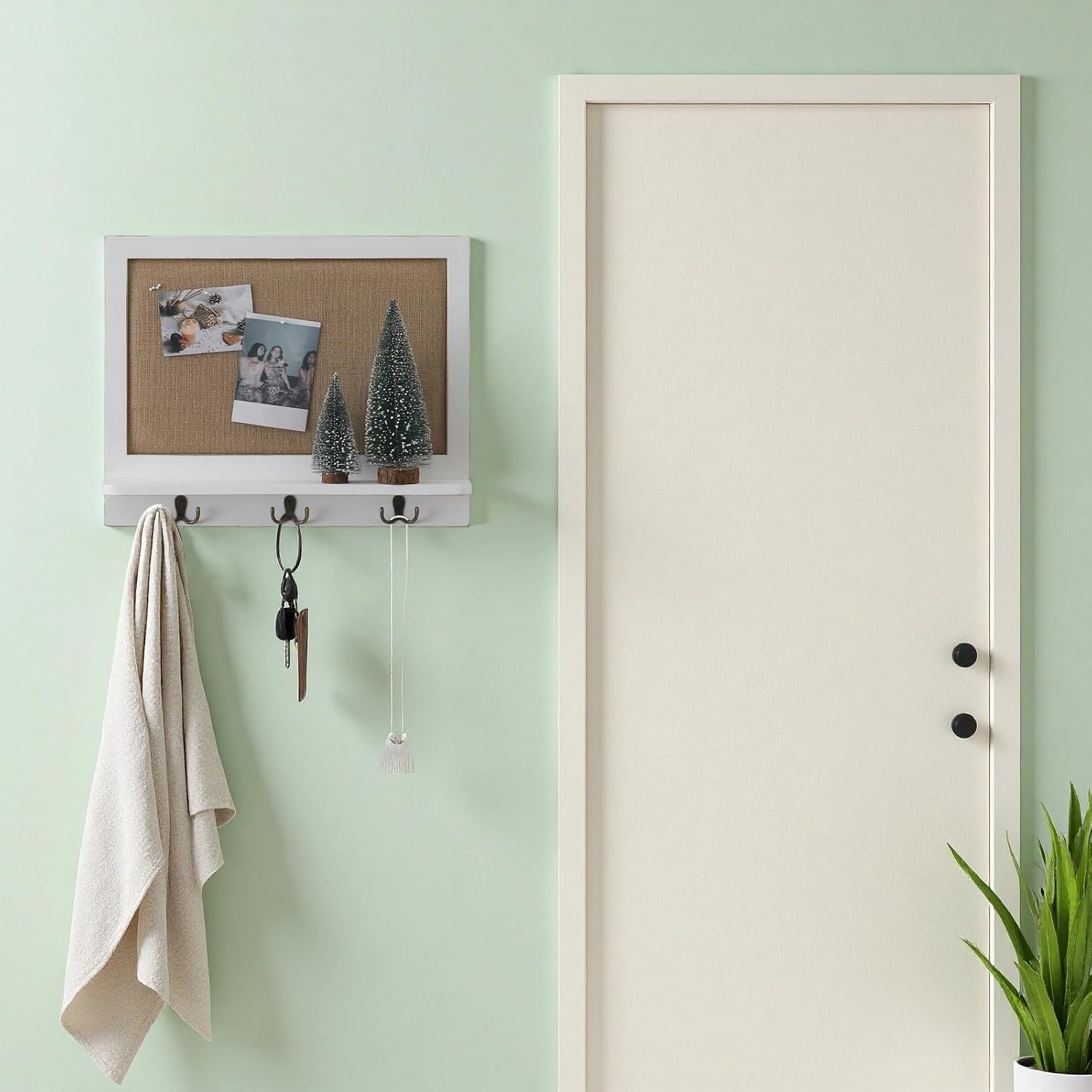 SOFE Linen Bulletin Board White Framed, Message Board with 3 Dual-Prong Key Holder Hooks, Photo Display Boards, Key Rack Wall Mount, Living Room, Dining Room, Hallways Decor