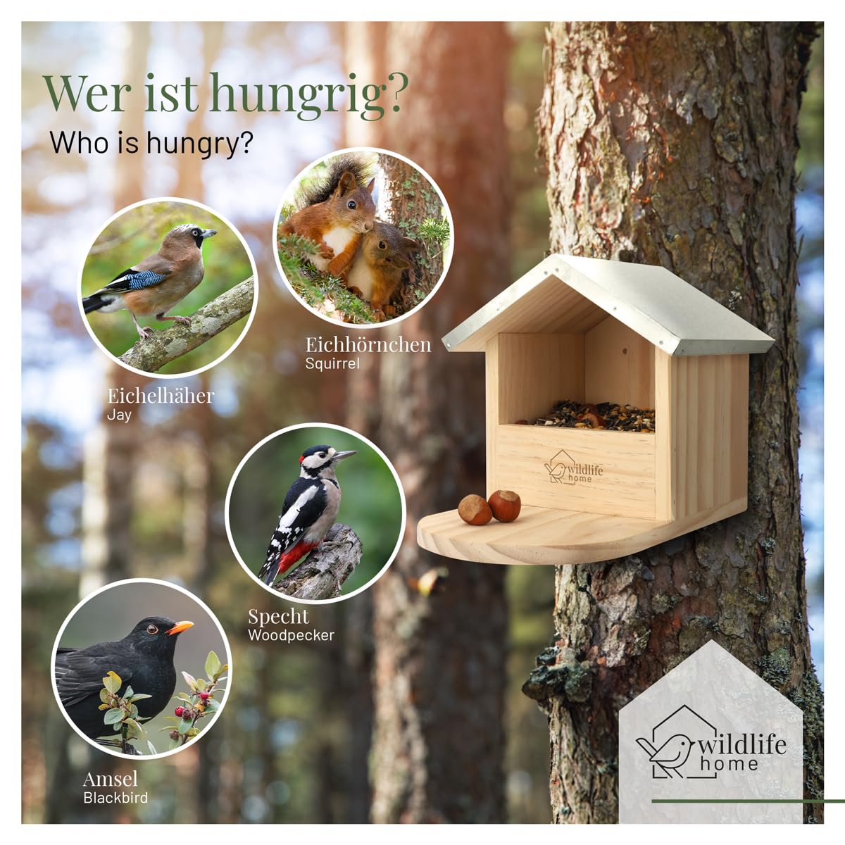 WILDLIFE HOME Großes Robustes Vogel-Futterhaus speziell auch für große Vögel wie Spechte, Elstern und Eichhörnchen & Co. I Aus Massivholz mit Metall-Dach, Futterstation, Vogelhaus, Futterspender
