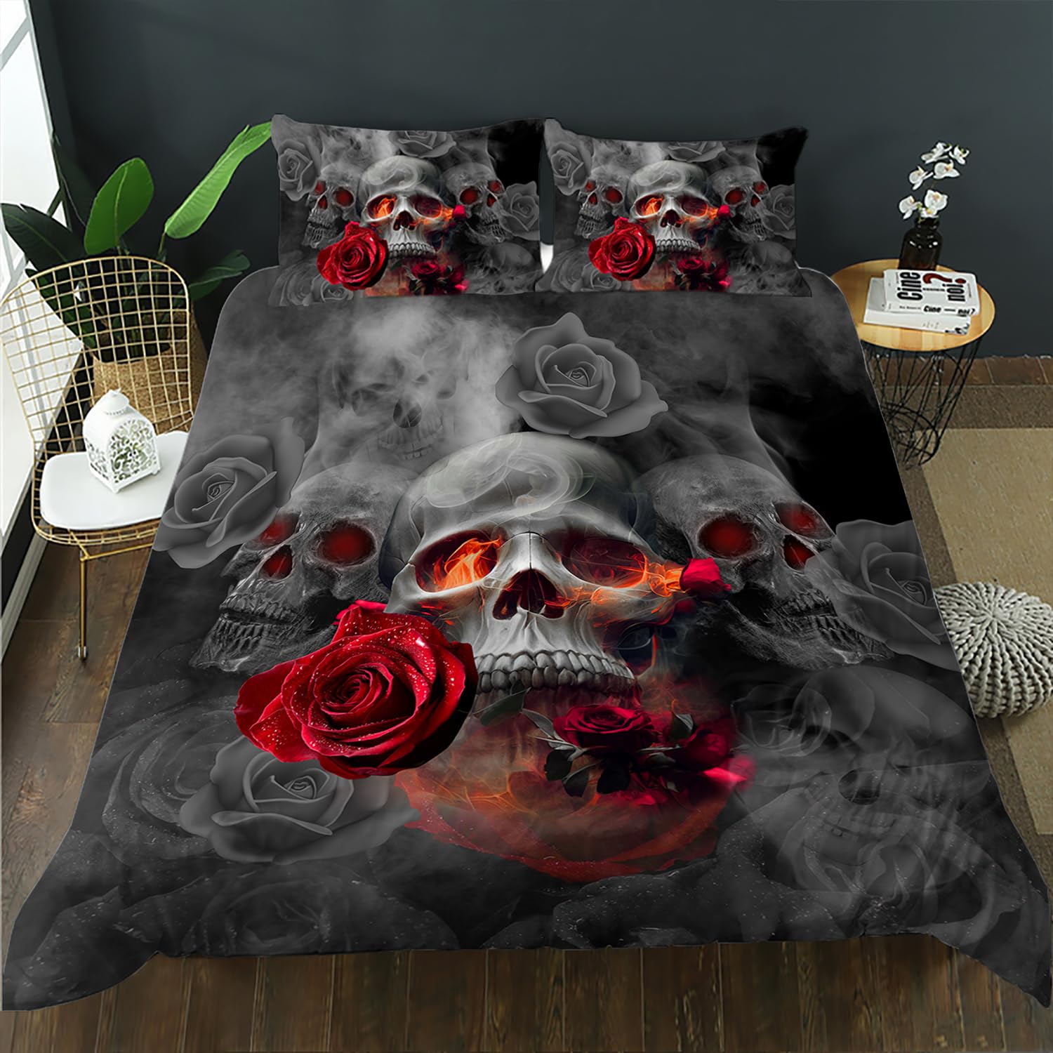 Sponsored Ad - AILONEN Sugar Skull Duvet Cover Set King Size, Red Rose Skull Comforter Cover Set,Halloween Bedding Set,3PCS Smoke Fog Luxurious Horror Nature Grey Black Breathable Quilt Cover and 2 Pillowcases