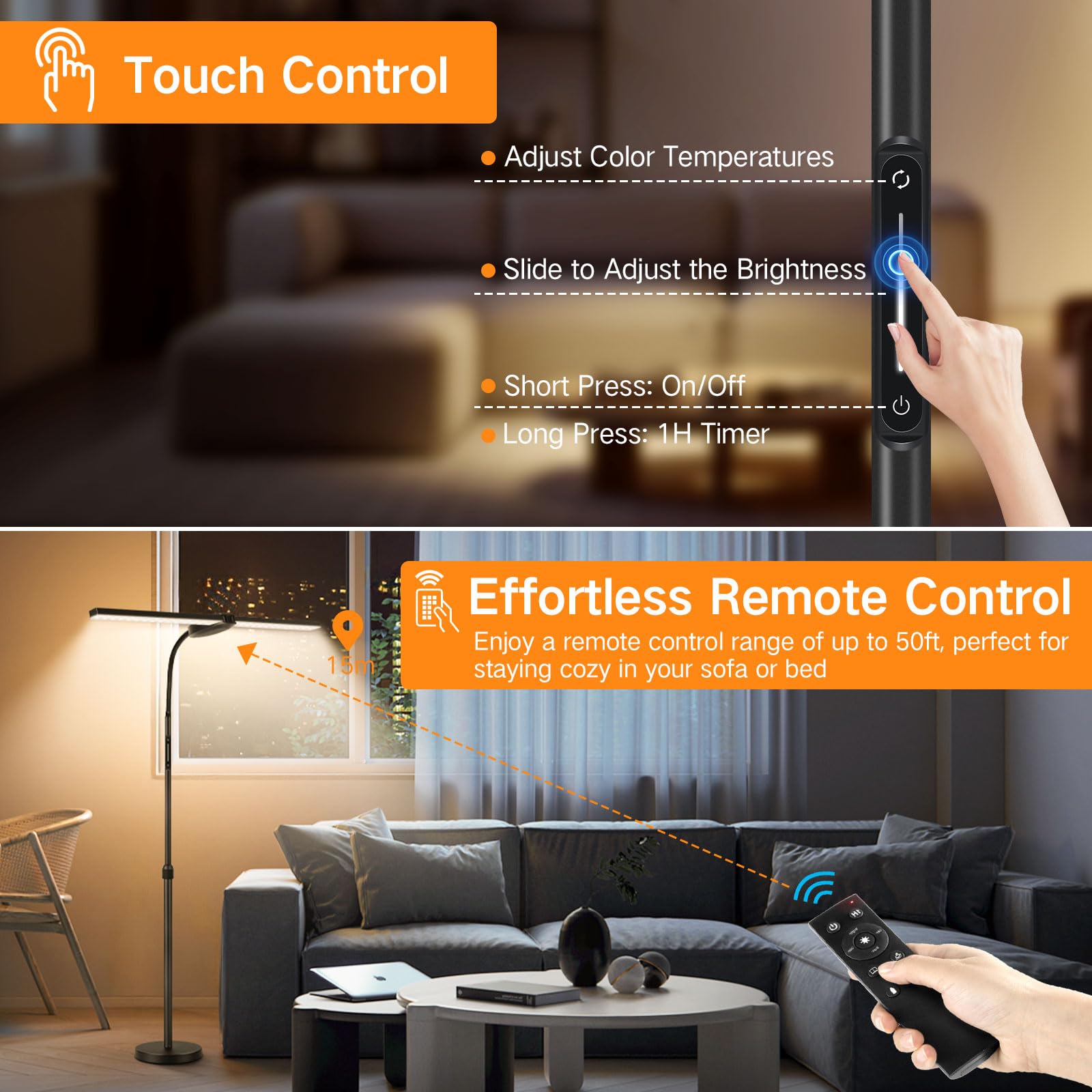 OUTON Stehlampe LED Dimmbar, Leselampe mit 4 Farbtemperatur, Fernbedienung und Touch Steuerung, 1H Timer, für Wohnzimmer Schlafzimmer Büro, Schwarz