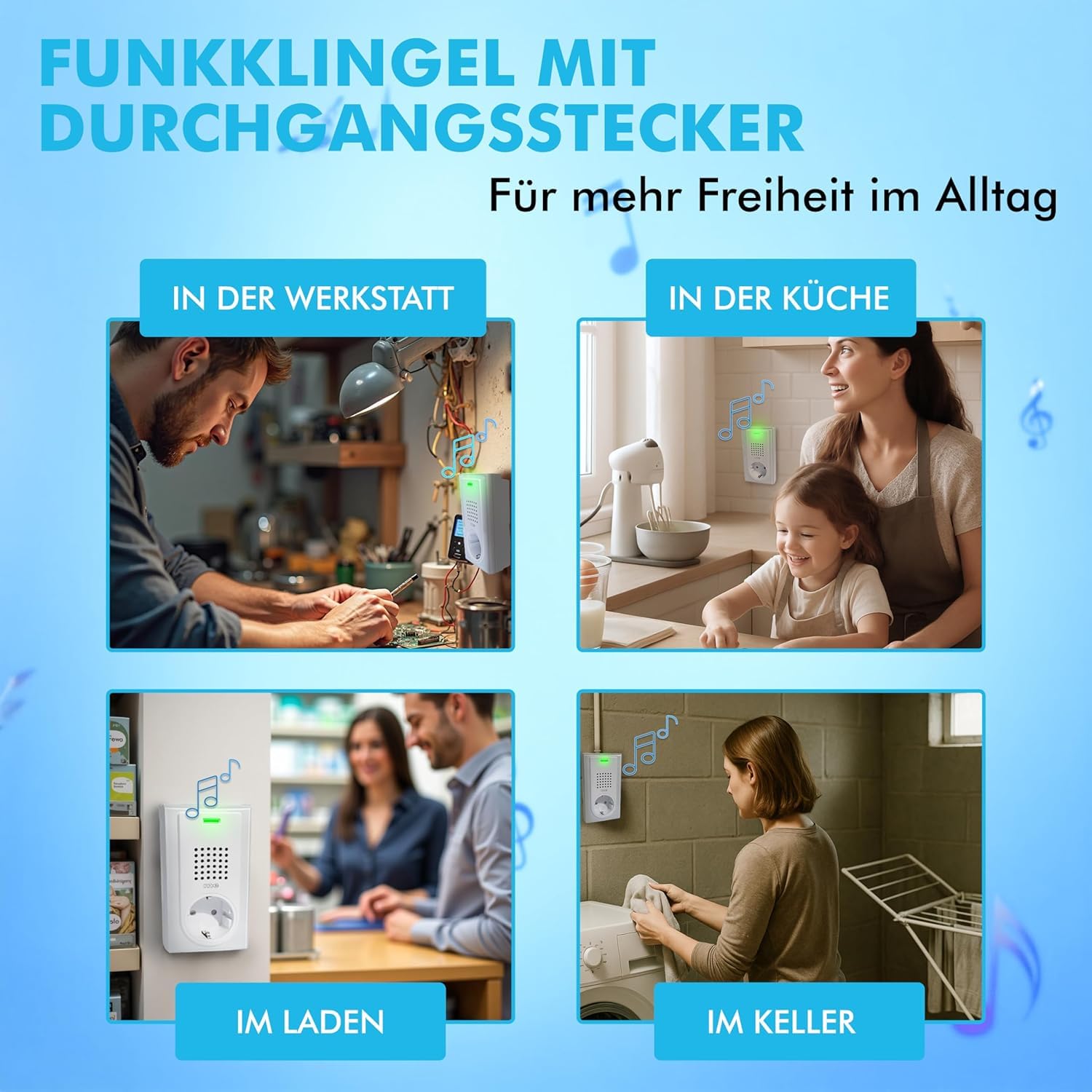 m-e Funkklingel BELL-5032 EG, für 3-Familienhaus, Edelstahl gebürsteter Klingeltaster und 3 Türglocken für Steckdose | Erweiterbare kabellose Funk-Türklingel | 200 Meter Funk-Reichweite