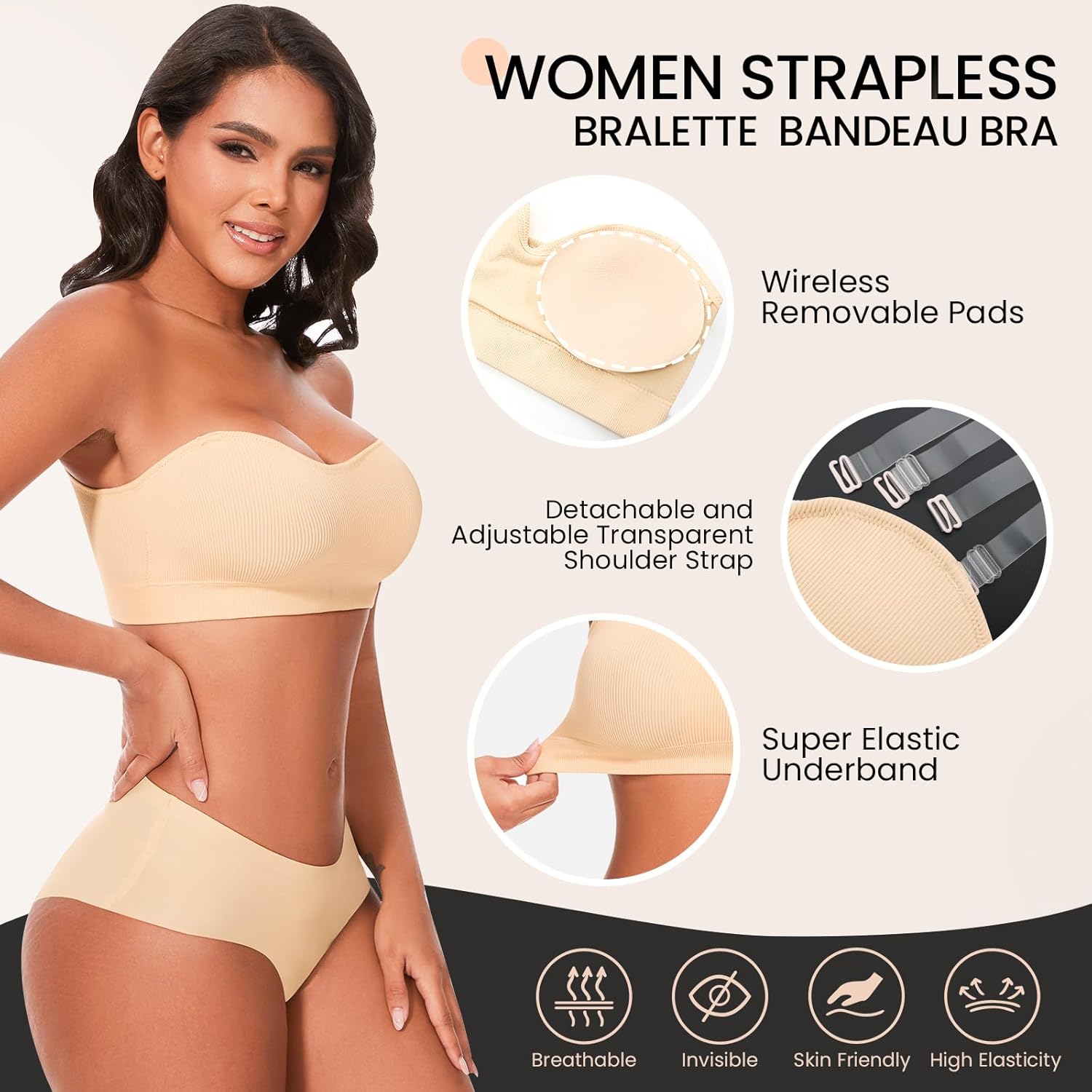 Strapless Bras for Women Wireless Bandeau Bra Invisible Tube Tops Bra Bralette Padded Seamless - Image 3