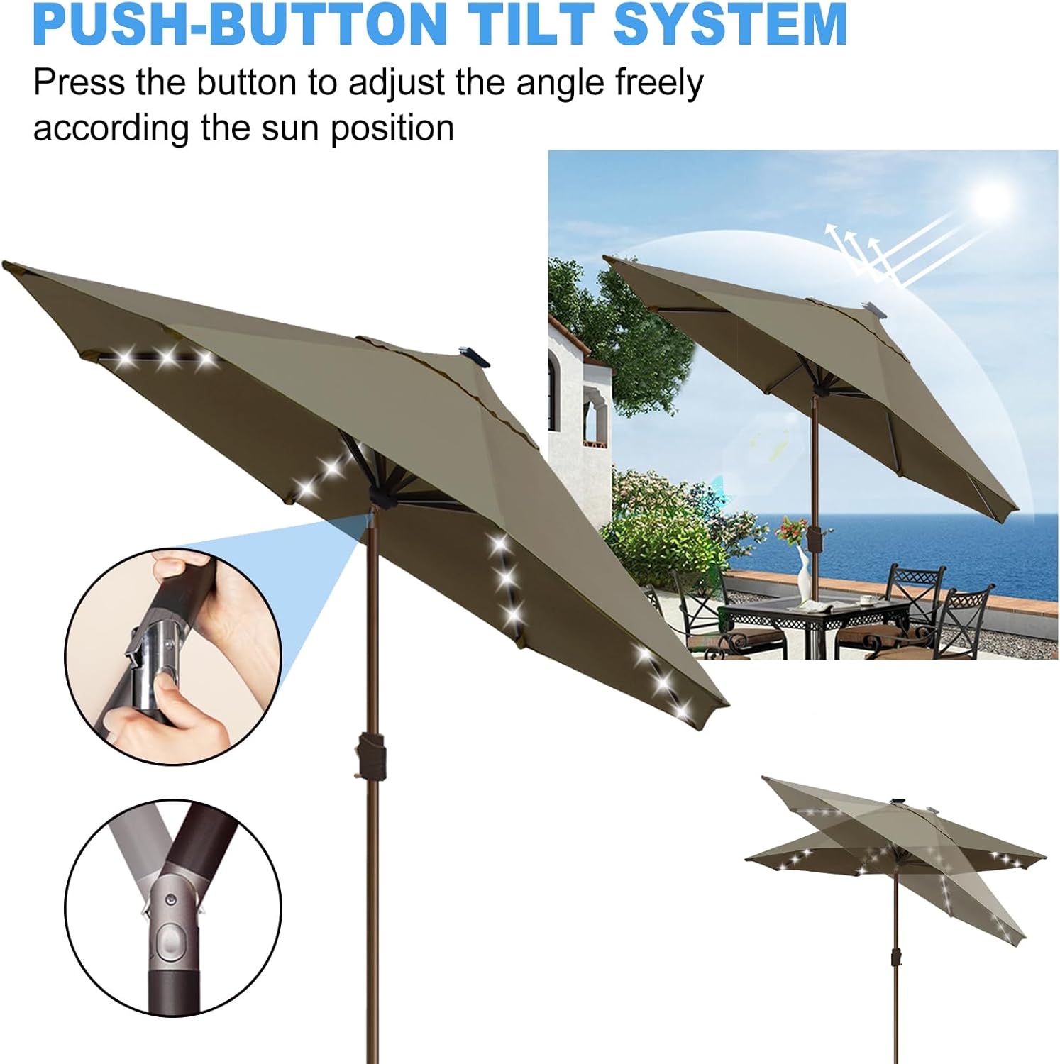 Eurmax USA 10-Year-Non-Fading 10Ft Solar Market Umbrella Outdoor Patio Umbrella Table Umbrella with LED Lights,8 Ribs,Hand Crank and Ventilation (Classic Led-Taupe)