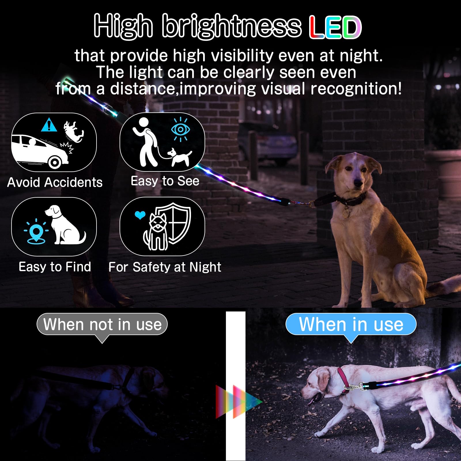 Correa LED para perro: 12 modos de iluminación, recargable, correa de perro iluminada de 4 pies para caminar por la noche, seguridad que brilla en la oscuridad, correa de silicona para perros