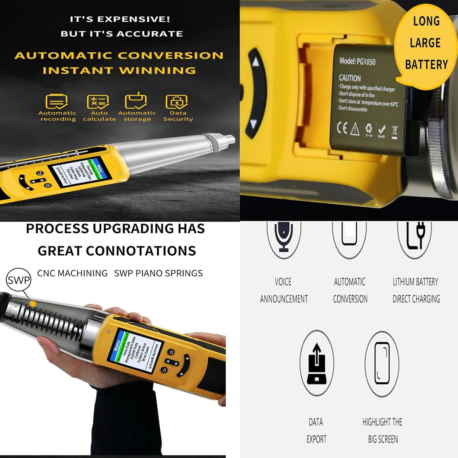 Testeur de marteau de rebond pour béton, outil de résiliomètre numérique avec écran LCD, batterie rechargeable, plage de test de 10 à 60 MPa, exportation de données pour les tests de construction