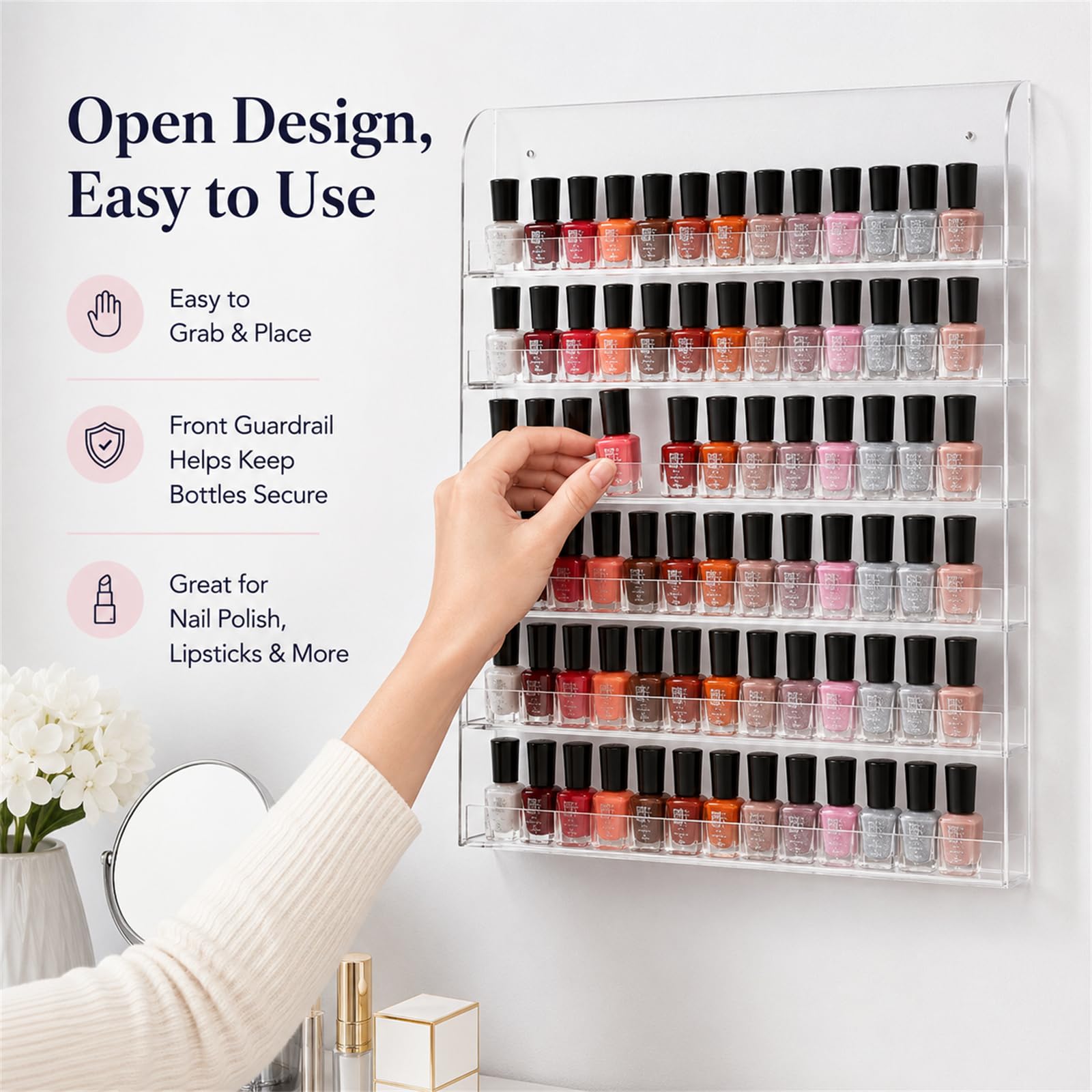 6 niveles de esmalte de uñas, estante de pared, acrílico, soporte para esmalte de uñas, duradero, esmalte de uñas, acrílico transparente, soporte para hasta 96 esmaltes de uñas