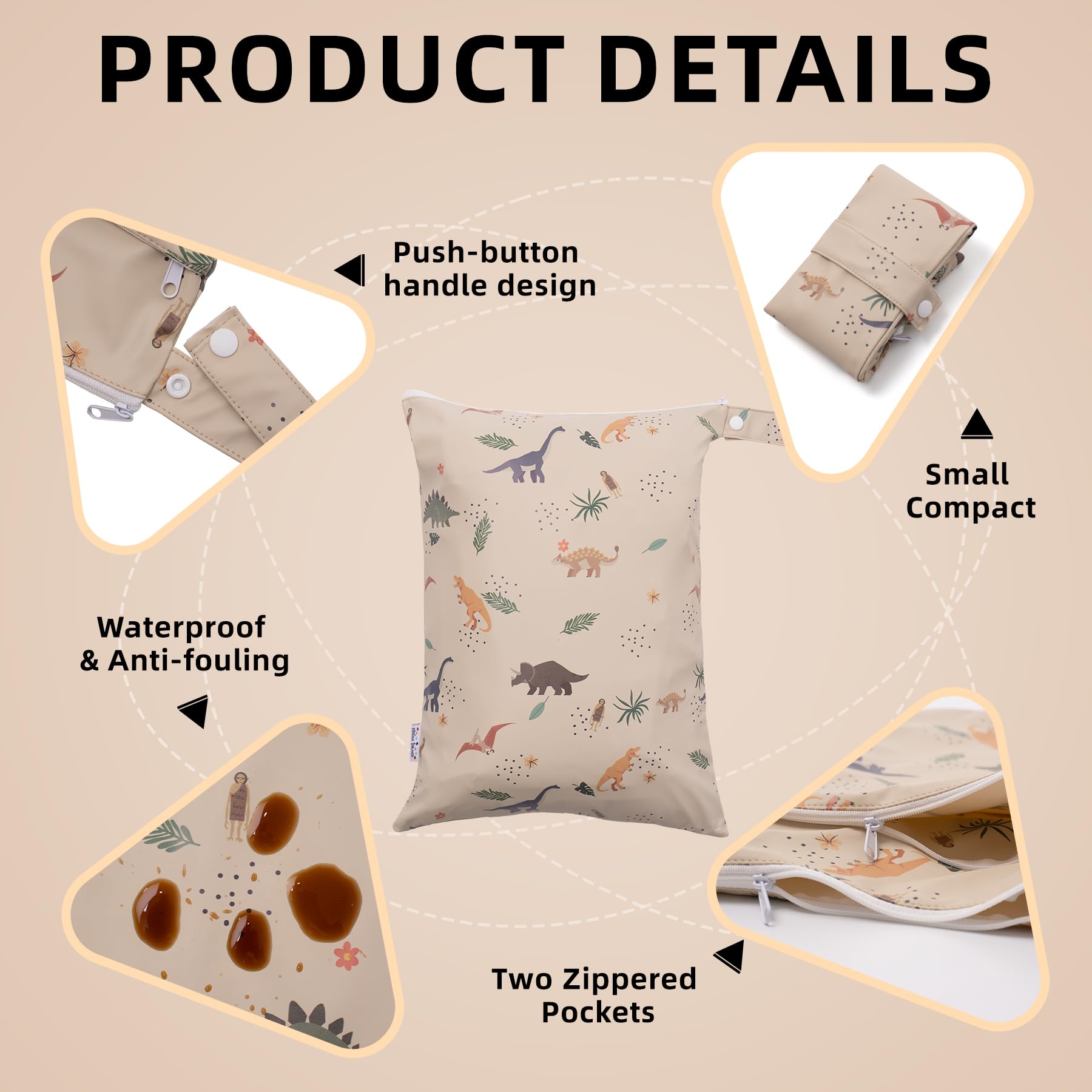 Bolsa Impermeable Reutilizable con Dos Bolsillos con Cremallera para pañales de bebé con asa, diseño de Dinosaurio