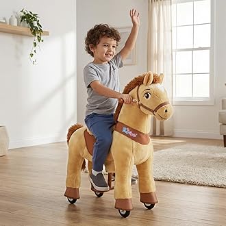 Plush Interactive Riding Horse Kids Ride on Toy Ride on Horse Walking Horse, Essential Model E Size 4 for Age 4-7, No Electricity with Wheels, Giddy up Riding Toys Pony Light Brown E436