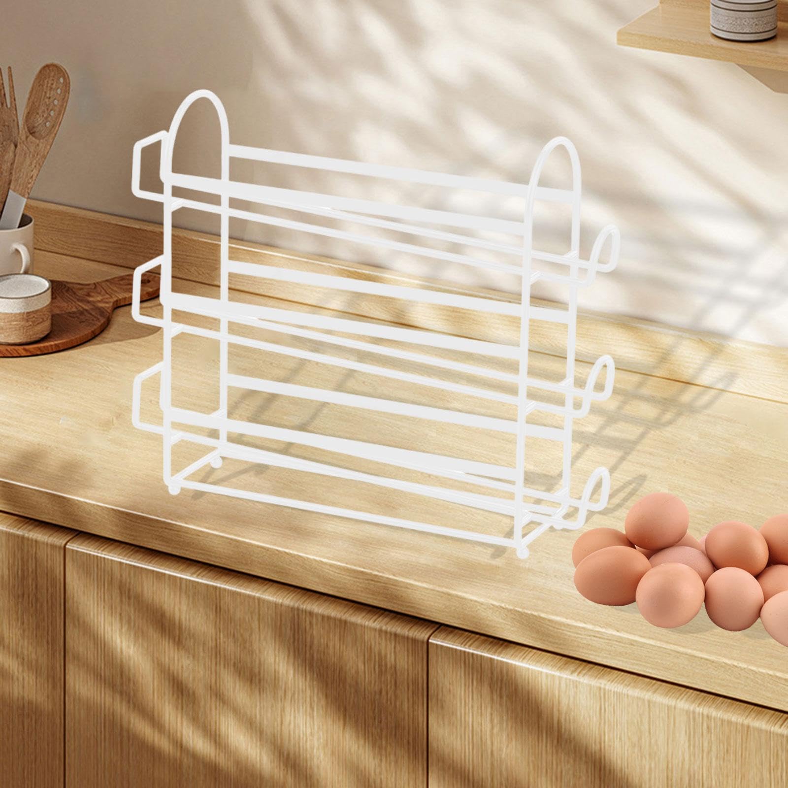 Bandeja para huevos de alambre de metal con ruedas automáticas, bandeja de servir de 3 capas para refrigerador, solución creativa de almacenamiento de cocina para armarios y despensas, color blanco