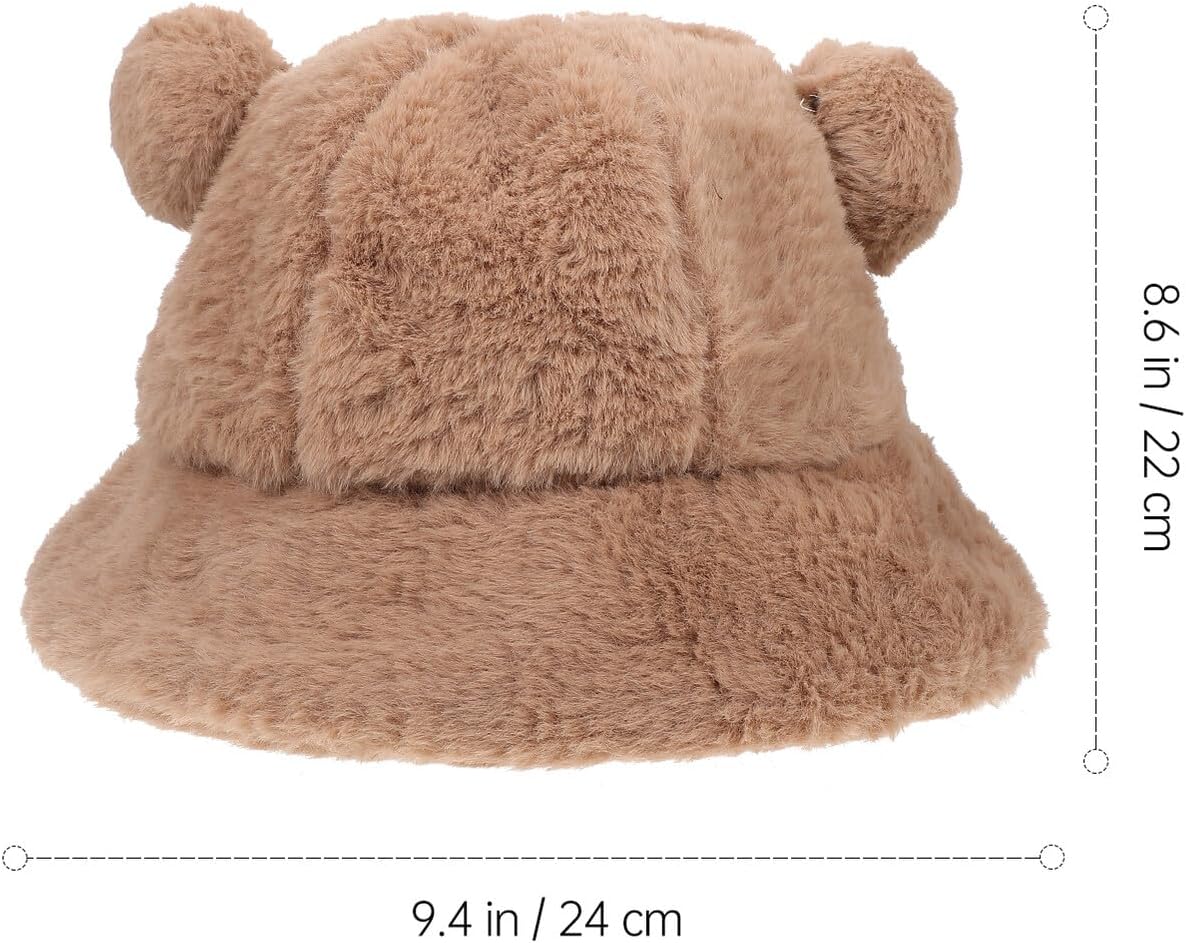 Plush Bear Ear Bucket Hat for Women, Warm Winter Outdoor Fisherman Cap, Light Coffee Soft Protective Plush Hat